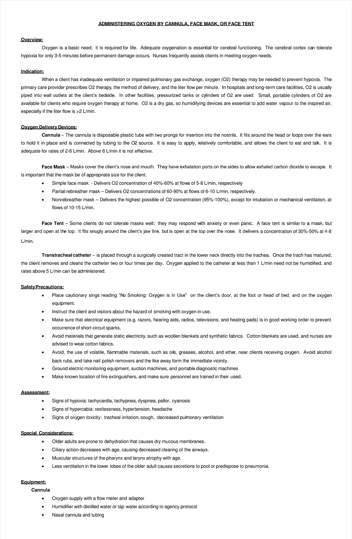 Oxygenation - Administering Oxygen By Face Mask, Cannula or Tent ...