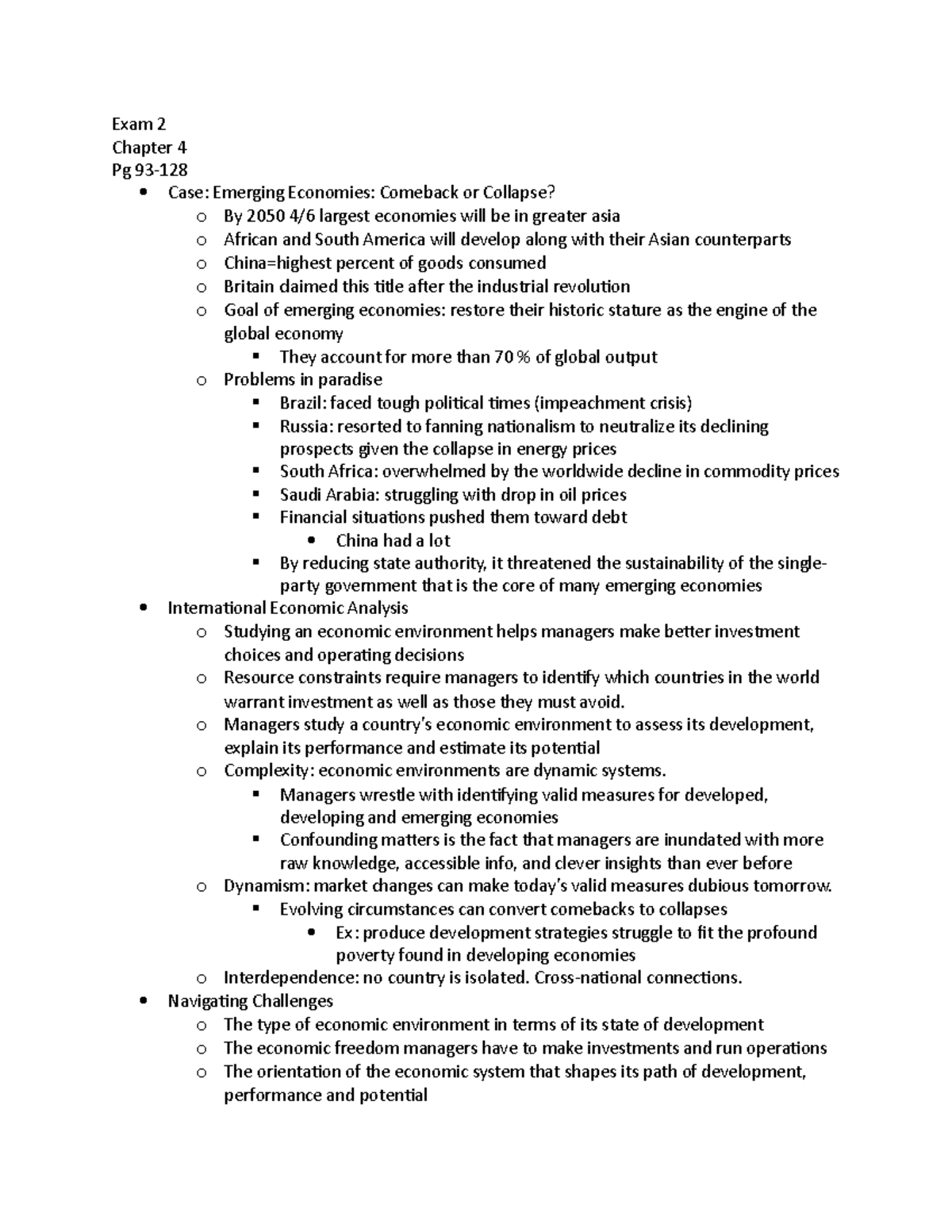 Exam 2 In Class Notes - Exam 2 Chapter 4 Pg 93- Case: Emerging ...