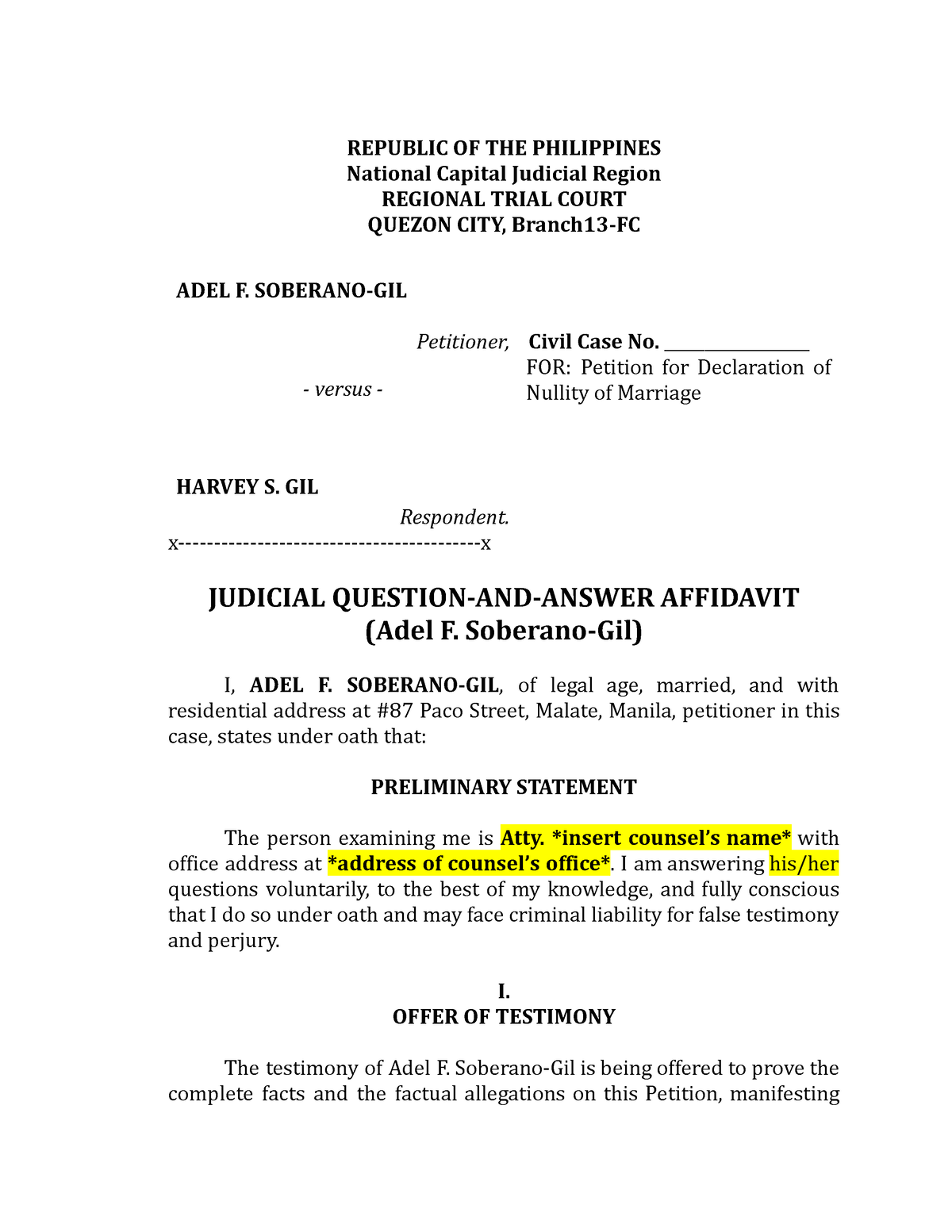 Sample Judicial Affidavit Republic Of The Philippines National Capital Judicial Region 1595