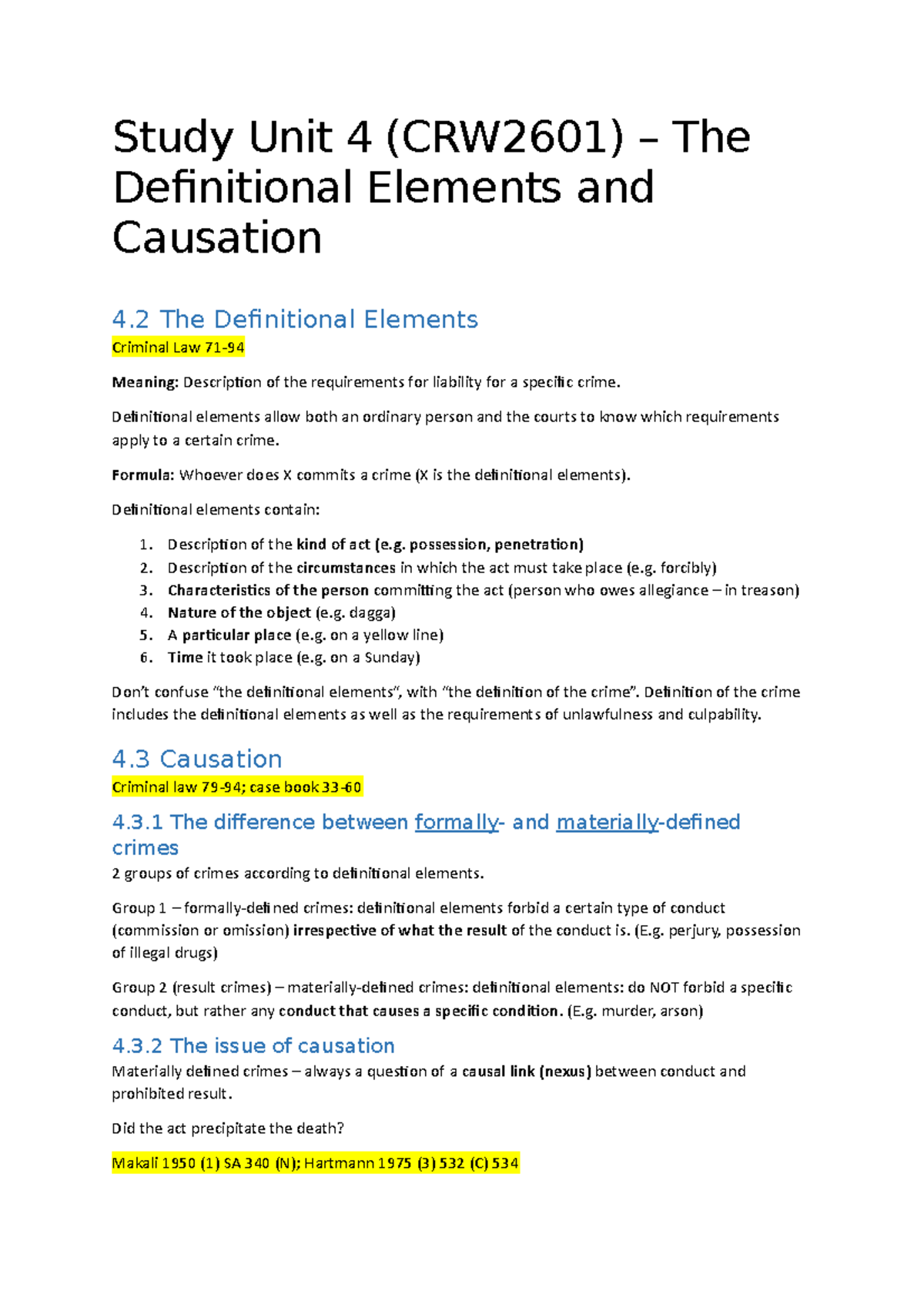 CRW2601 Study Unit 4 The Definitional Elements and Causation - Study ...