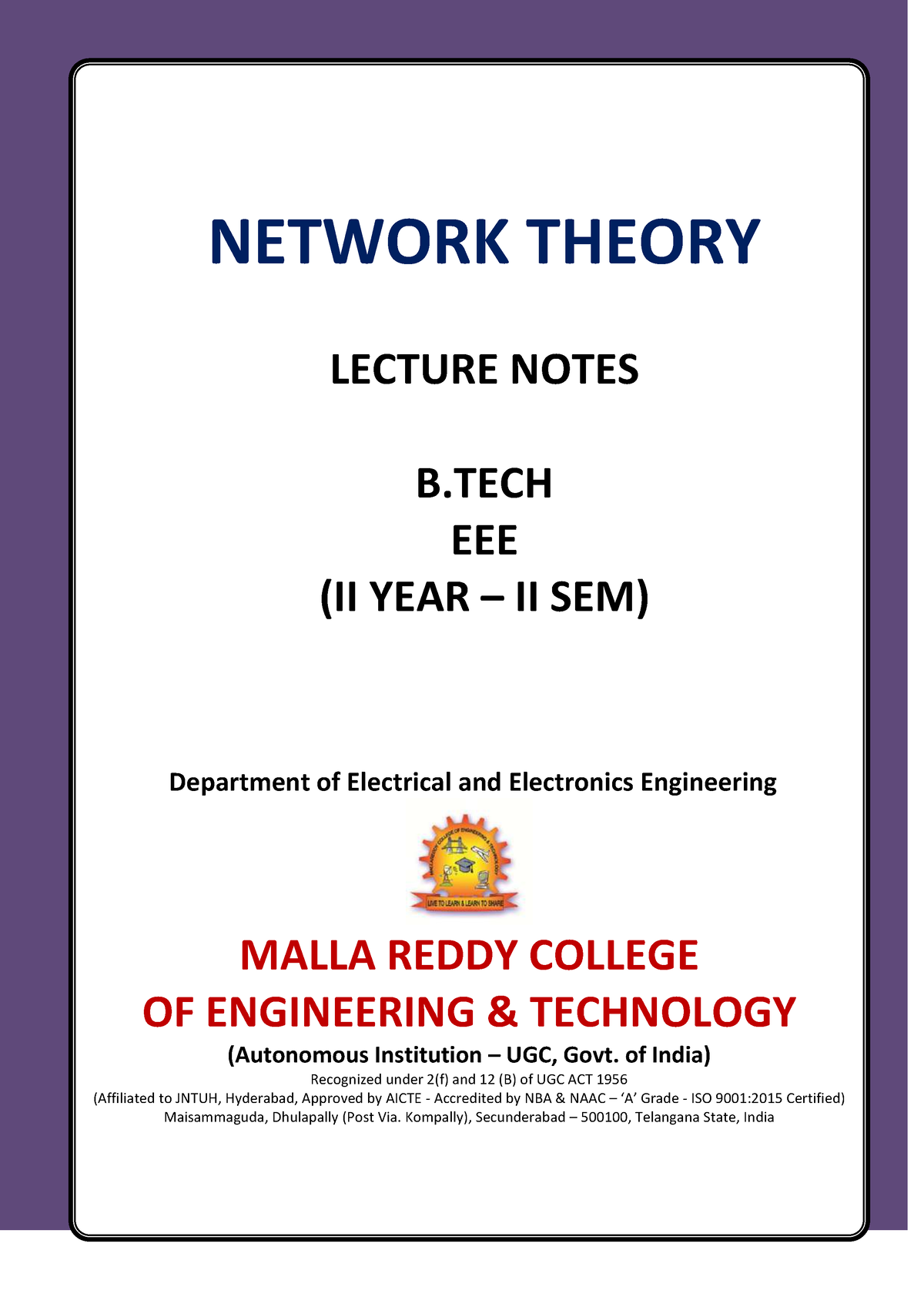 Network Theory - mr francis - NETWORK THEORY LECTURE NOTES B EEE (II ...