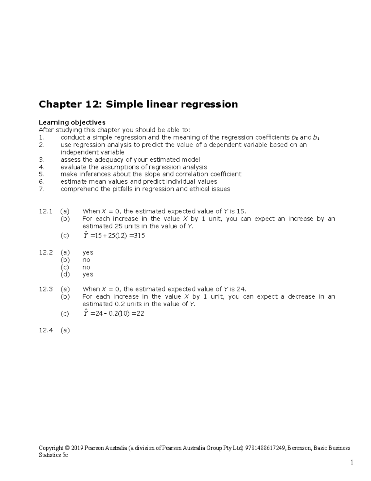 Chapter 12 - Textbook solution - Chapter 12: Simple linear regression ...