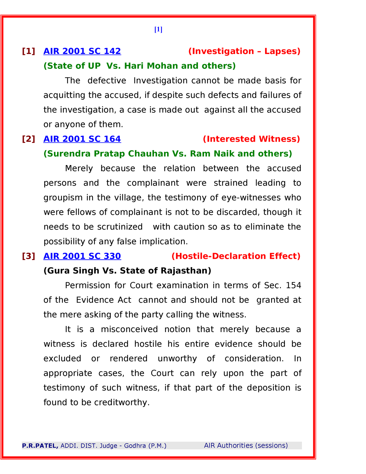 AIR Criminal Judgments - [1] AIR 2001 SC 142 (Investigation – Lapses ...