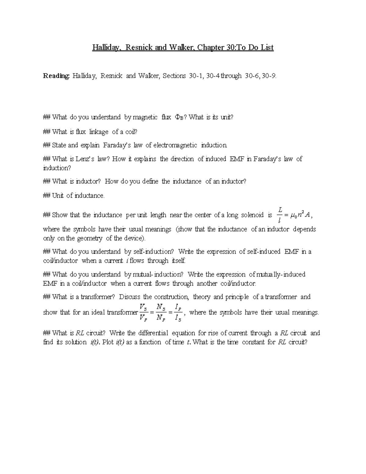 To Do Ch30 rhthrthrty Halliday, Resnick and Walker, Chapter 30To