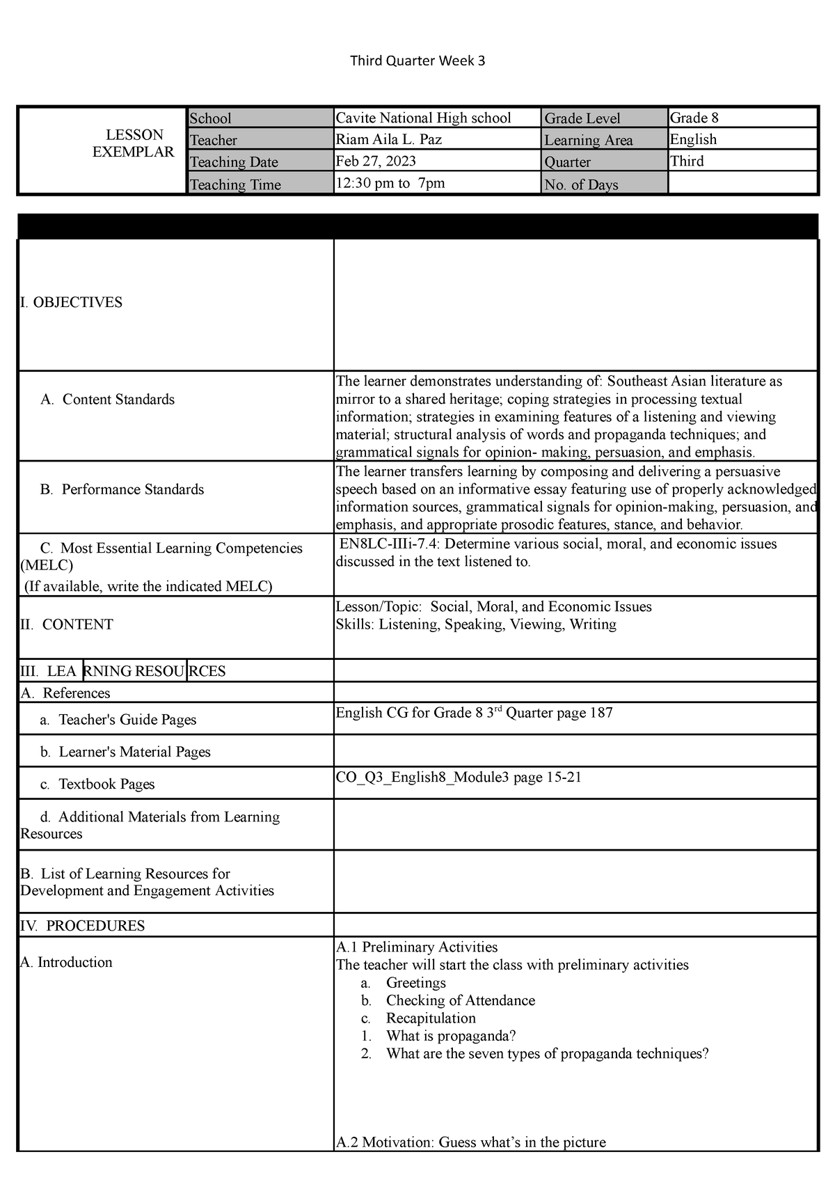 Lesson plan Quarter 3 - Week 3 - LESSON EXEMPLAR School Cavite National ...