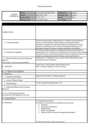 Week 4 - Lesson Plan - LESSON EXEMPLAR School Cuavite National High ...