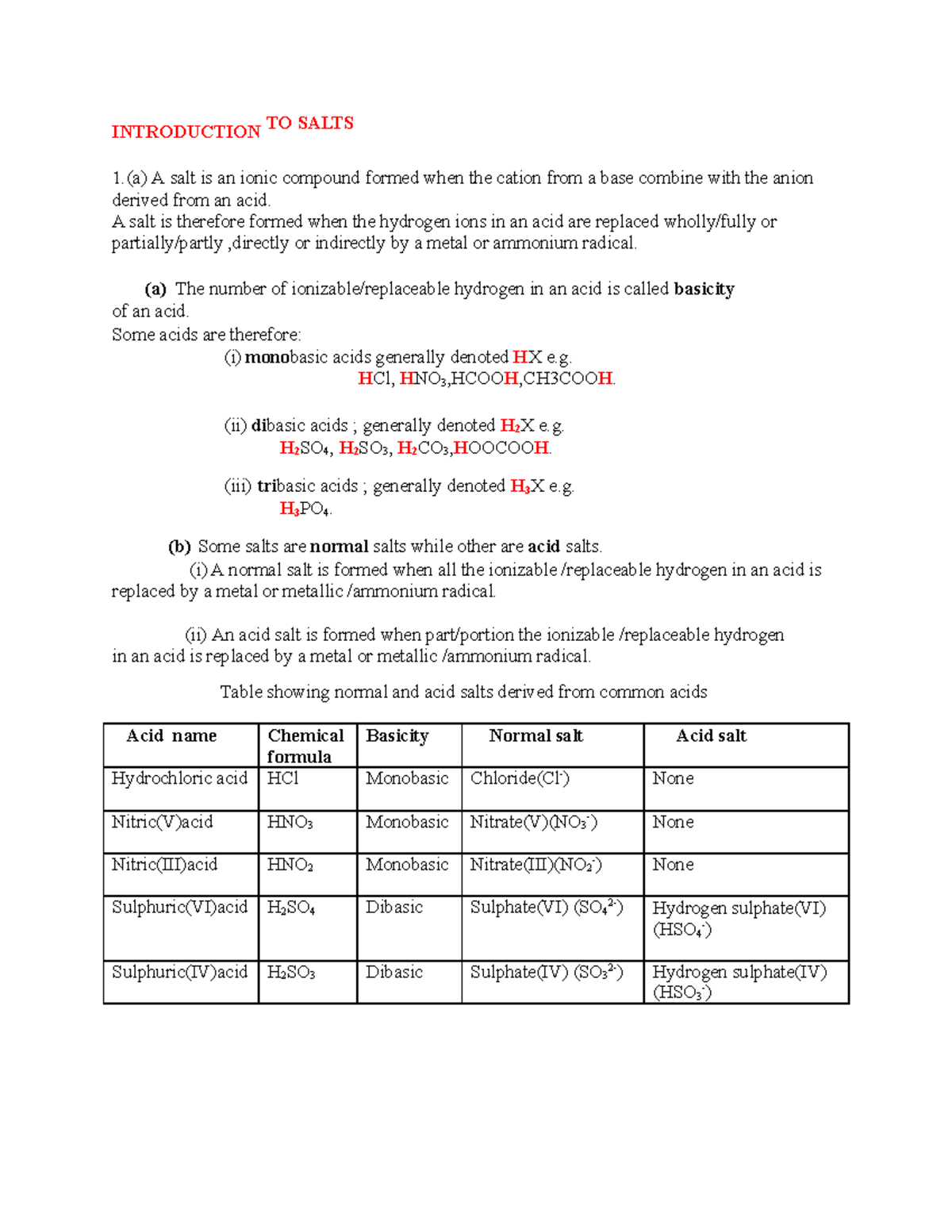 Chemistry notes Second part-17 - INTRODUCTION TO SALTS 1.(a) A salt is ...