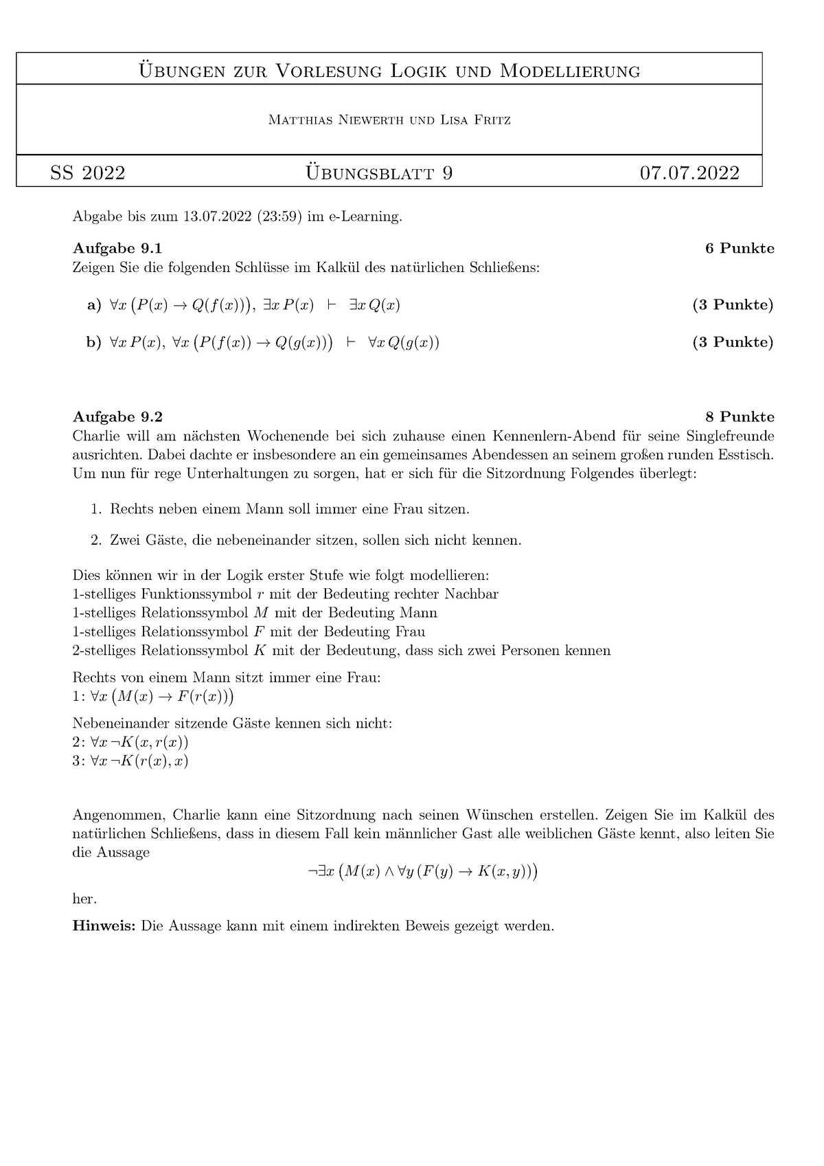 Logik-Blatt 09 - Logik Und Modellierung - Ubungen Zur Vorlesung Logik ...