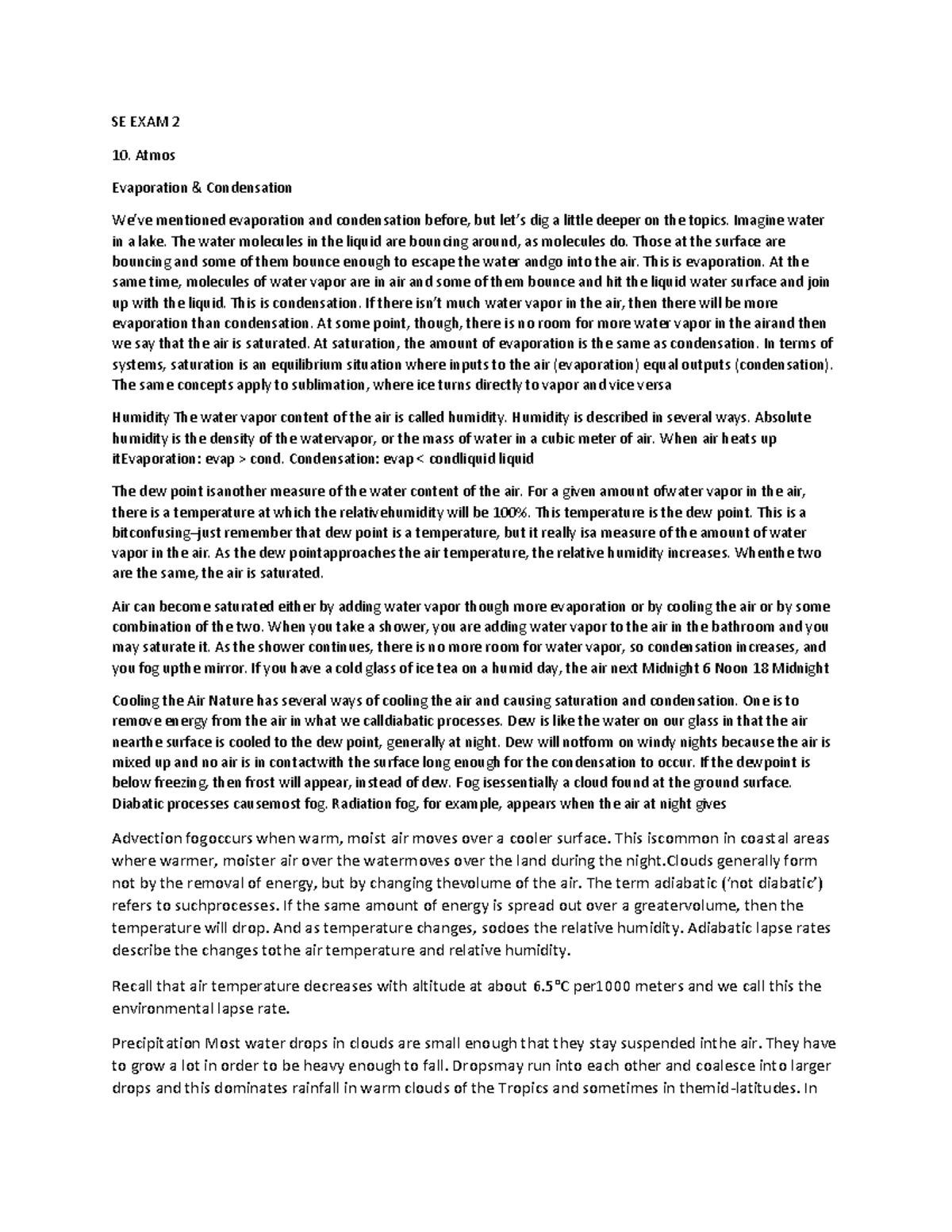 SE Test Number 2 - SE EXAM 2 Atmos Evaporation & Condensation We’ve ...