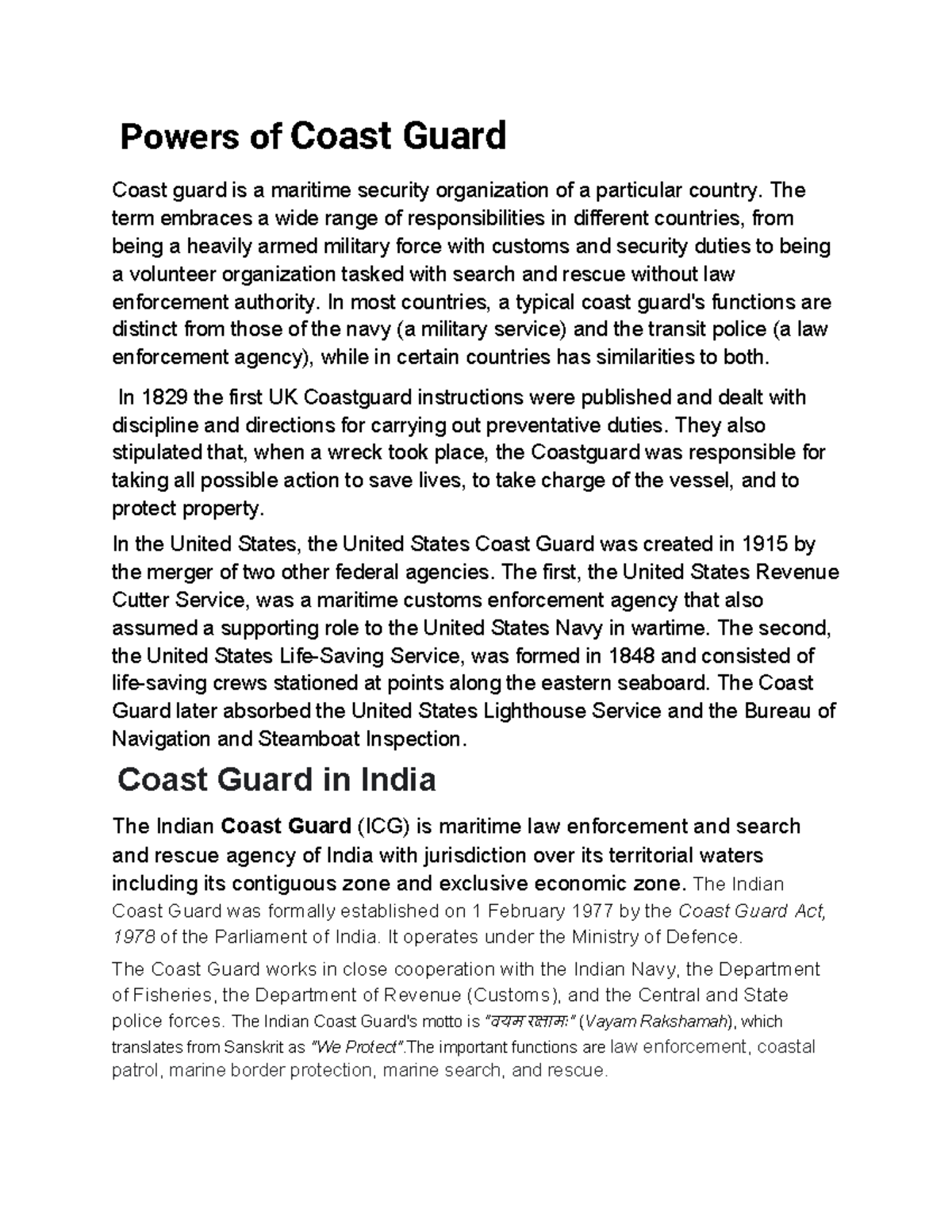 Powers of Coast Guard Powers of Coast Guard Coast guard is a maritime