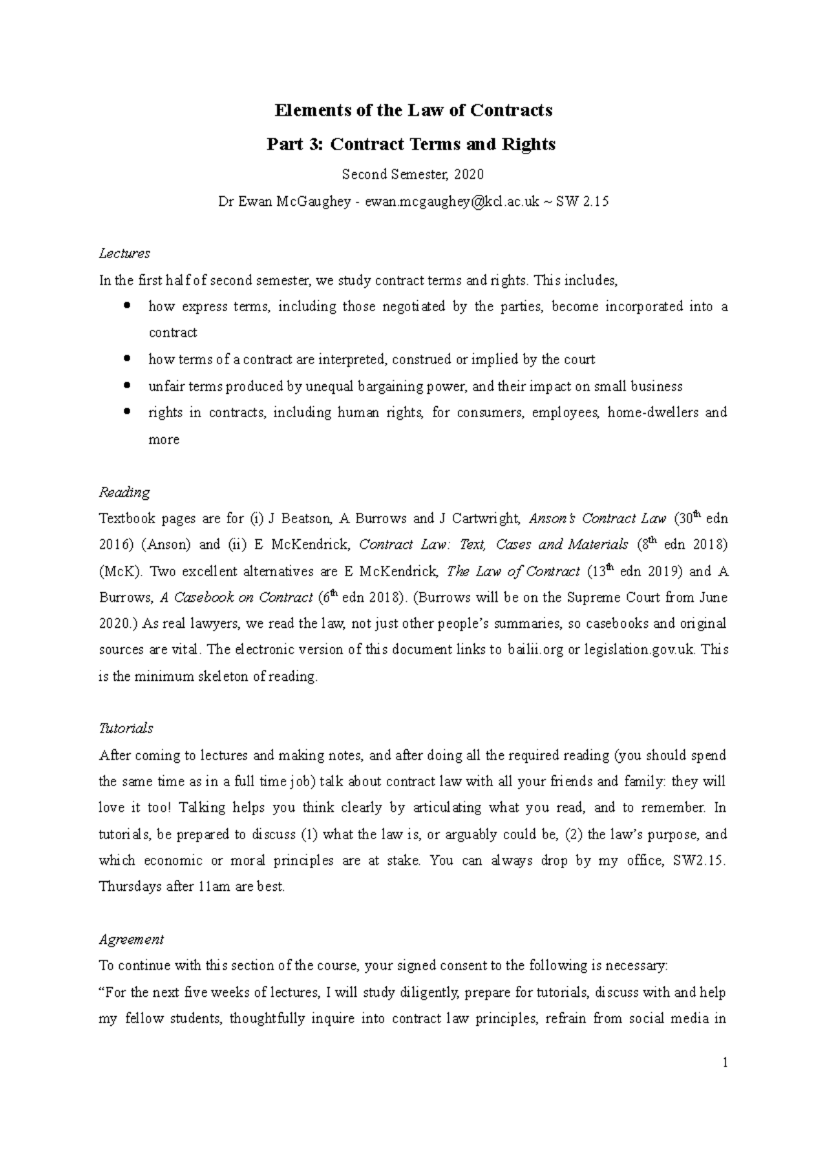 0. Contract terms lectures and tutorials 2020-4 - Elements of the Law ...