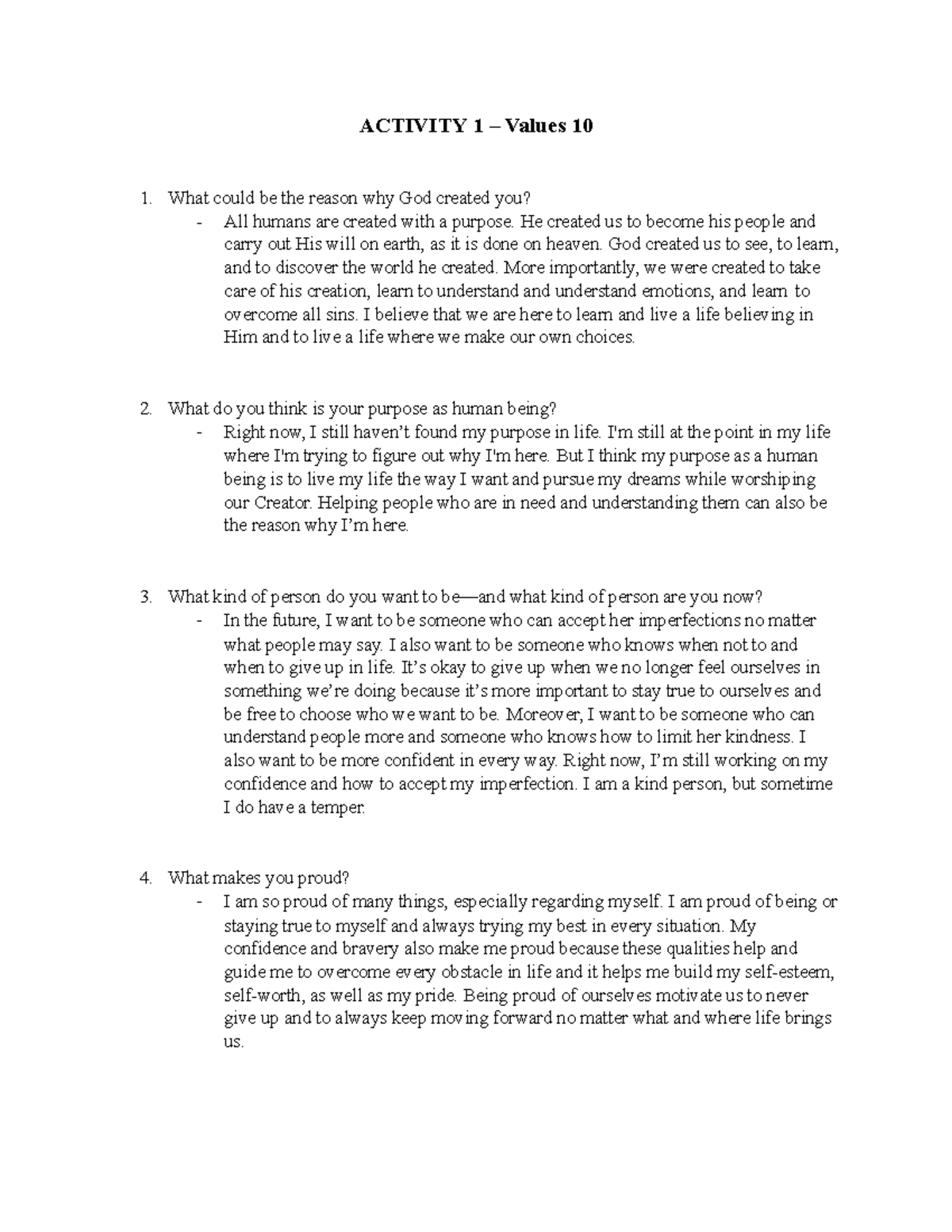 Activity 1 - Values 10 - ACTIVITY 1 – Values 10 What could be the ...