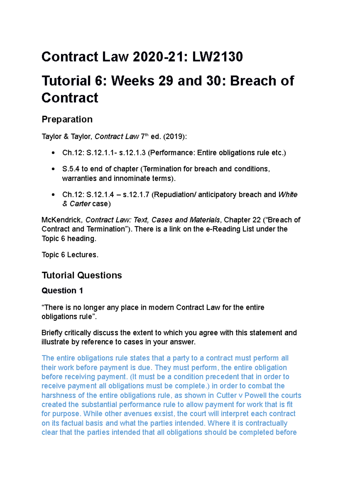 Contract Law 2020-21 Tutorial 6 - 2130 - Leicester - Studocu