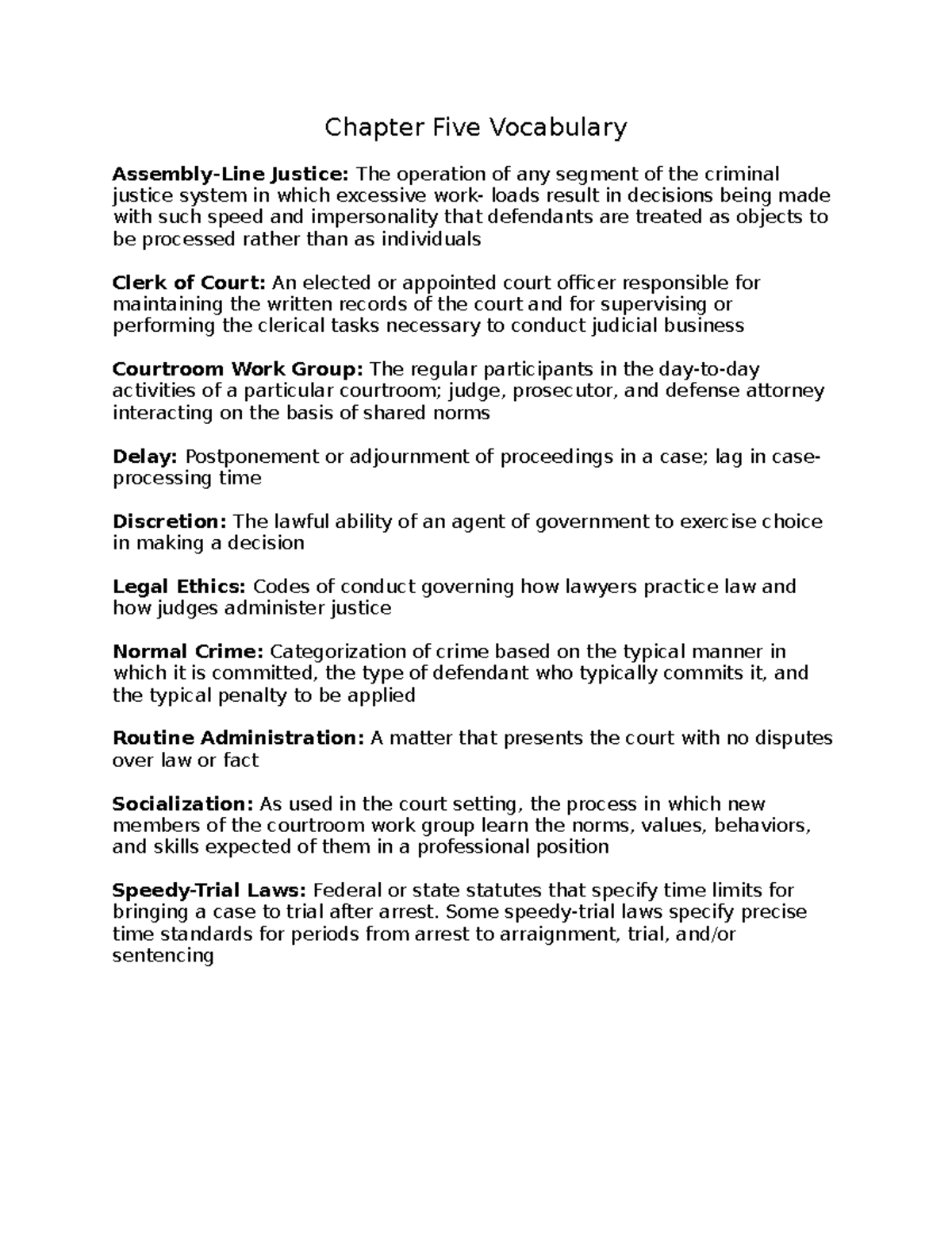 Chapter 5 Vocabulary Chapter Five Vocabulary AssemblyLine Justice