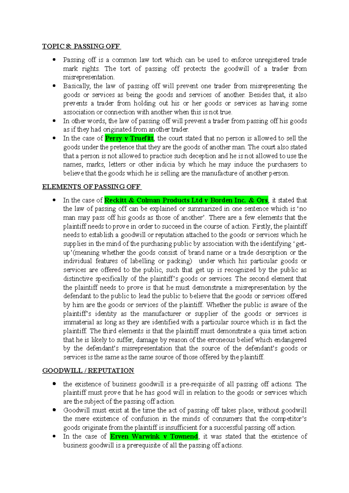 Passing Off Intellectual Propery Law TOPIC 8 PASSING OFF Passing 