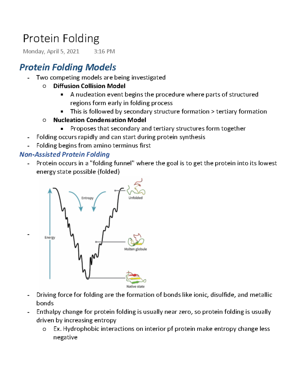 Biochem Protein Folding Lecture notes Week 2 lecture 3 153A UCLA