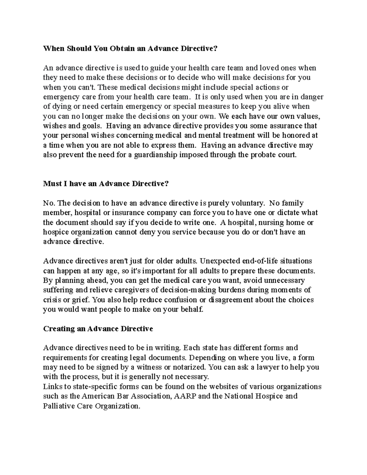 Advance Directive Project When Should You Obtain an Advance Directive