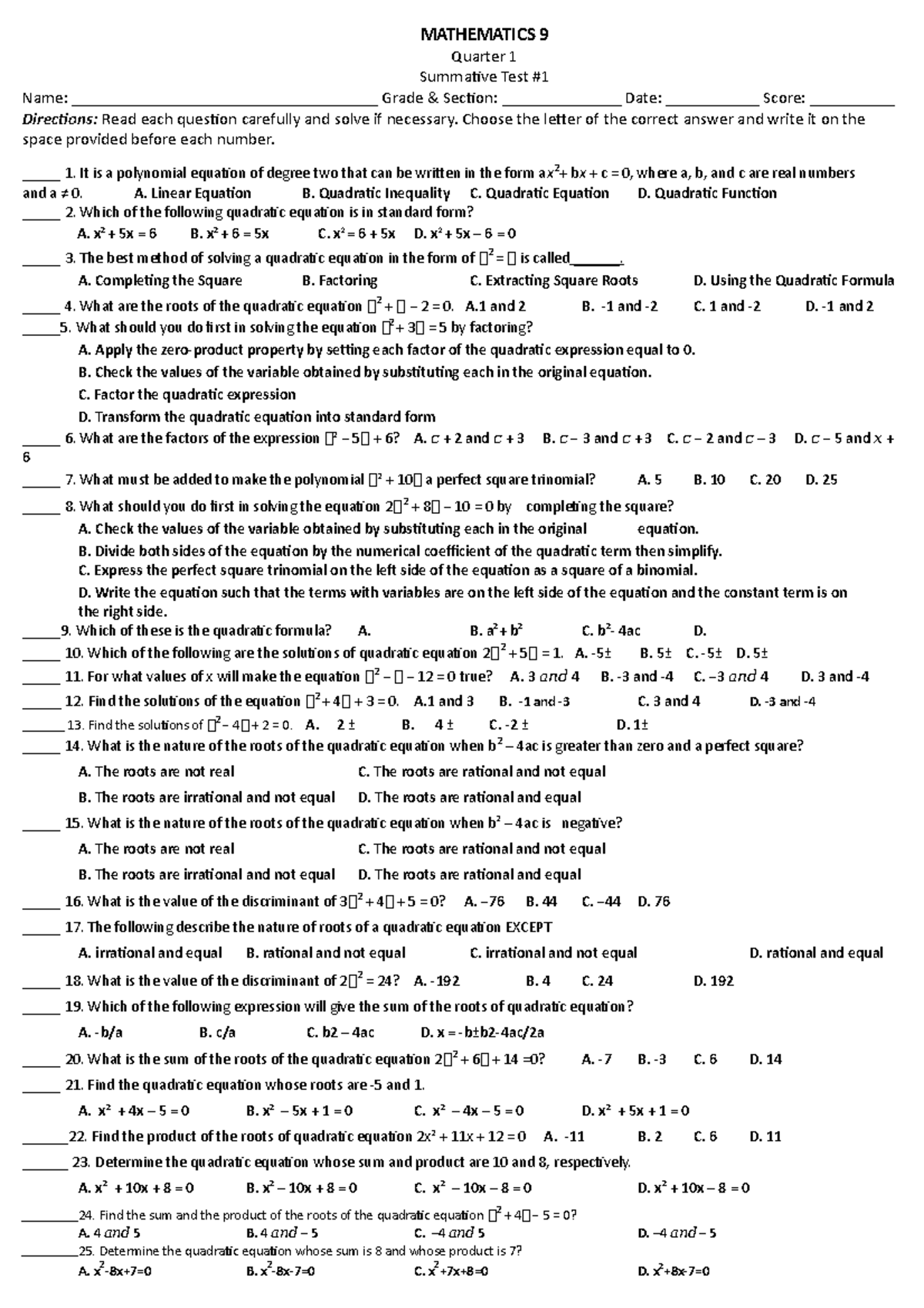 Q1 S1 22 23 - MATH AND TLE - MATHEMATICS 9 Quarter 1 Summative Test ...
