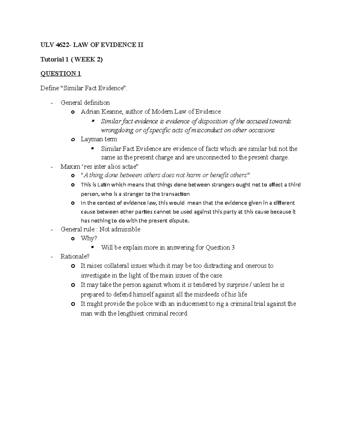 Tutorial 1 Evidence Law Topic 1 - ULV 4622- LAW OF EVIDENCE II Tutorial ...