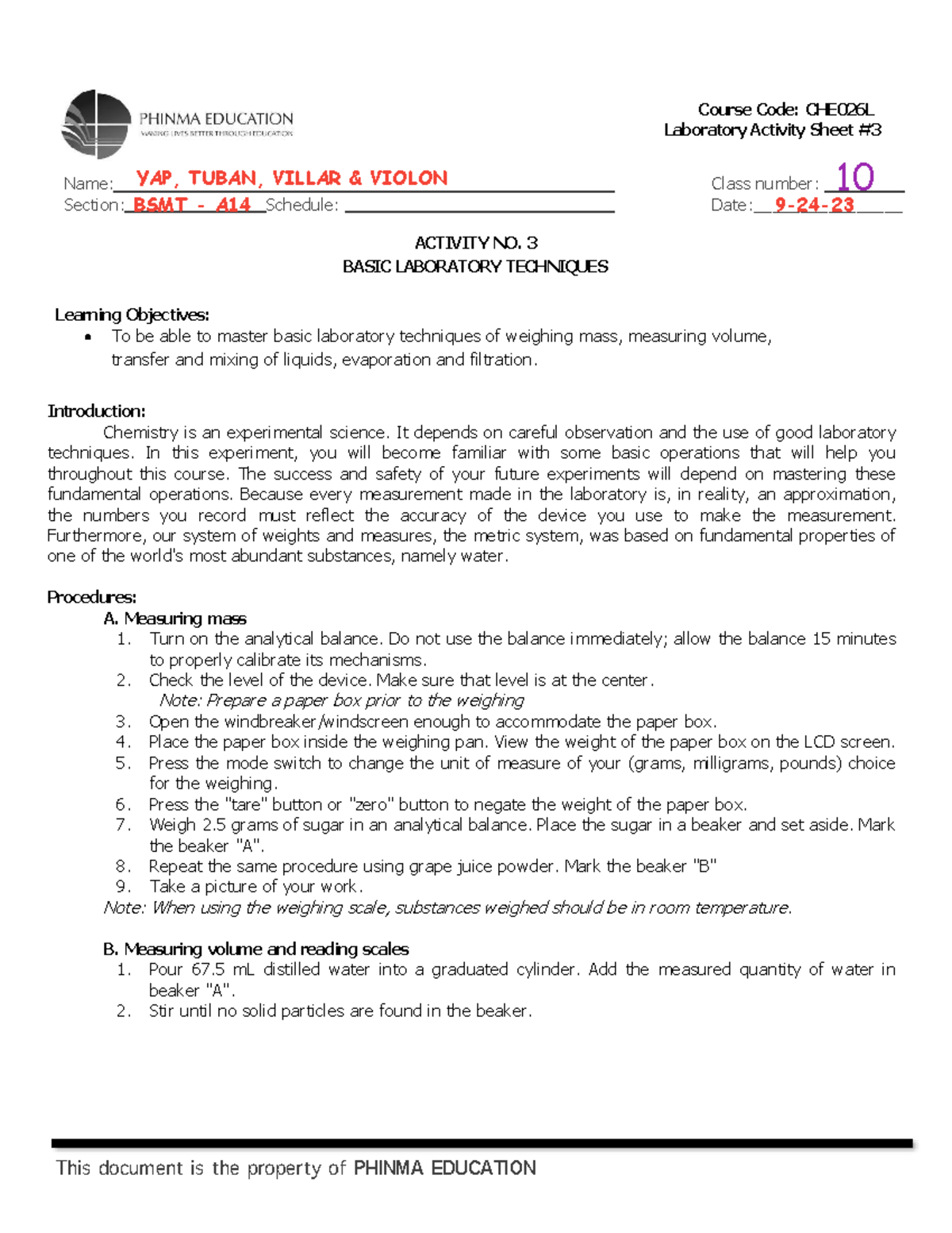 LAS-3-1 - NOTHING - Laboratory Activity Sheet # Name: Section: Schedule ...