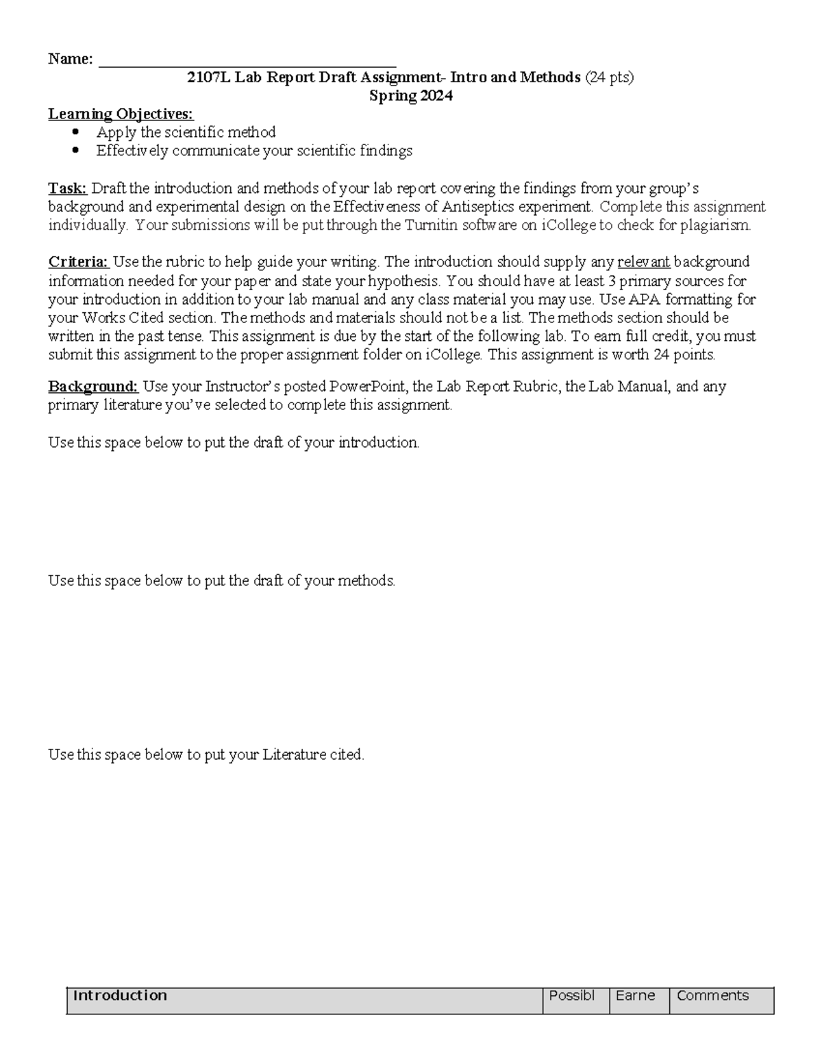 2107 Draft Lab Report Intro & Methods Assignment Spring 2024 - Name ...