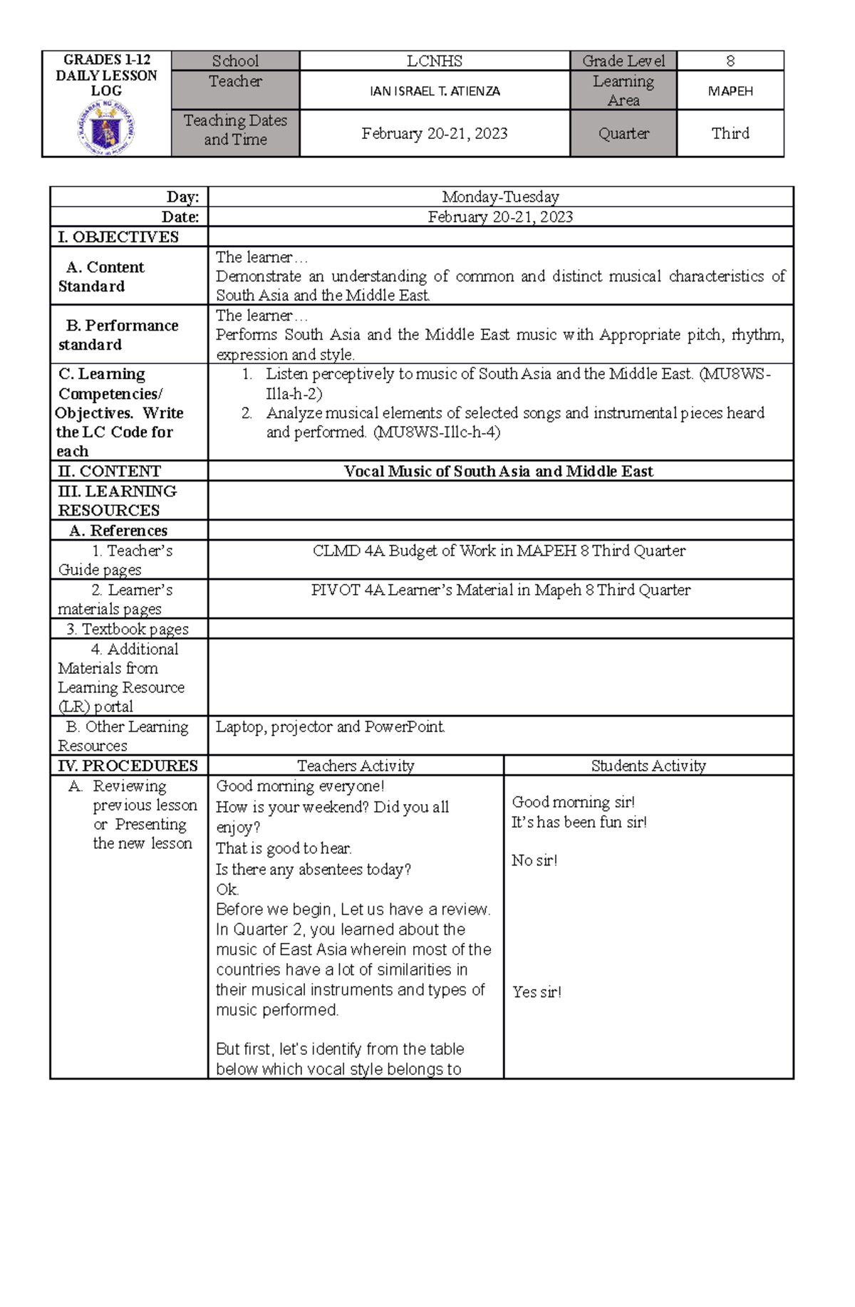 February 20-21, 2023-Lesson 1- Mapeh grade 8 - GRADES 1- DAILY LESSON ...