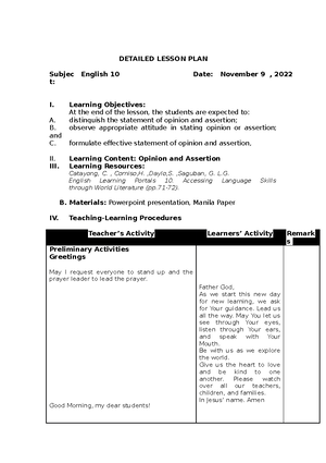 Juncture AND RATE Detiled Lesson PLAN - DETAILED LESSON PLAN Subjec t ...