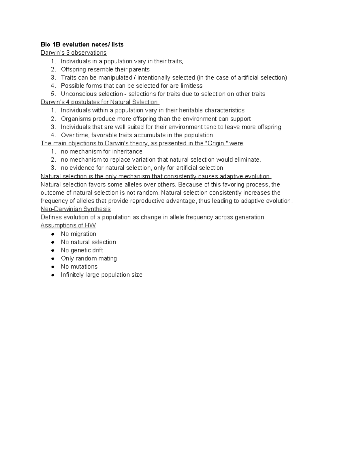 Bio 1B Evolution Notes Lists - Bio 1B Evolution Notes/ Lists Darwin’s 3 ...