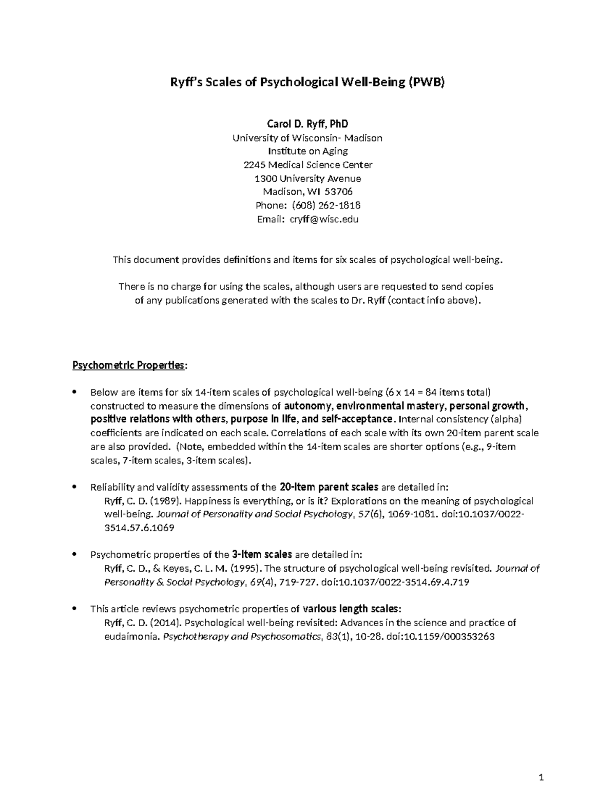 1- Ryff PWB Scales - psychological test - Ryff’s Scales of ...