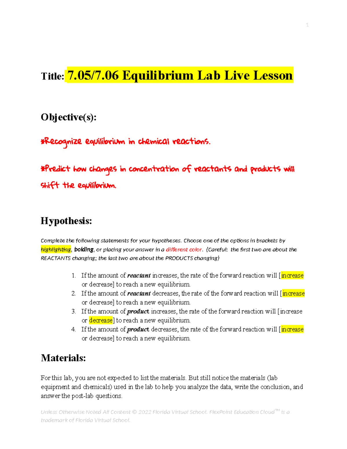 Copy of 7.05 equilibrium lab template LIVE Lesson - Title: 7.05/7 ...