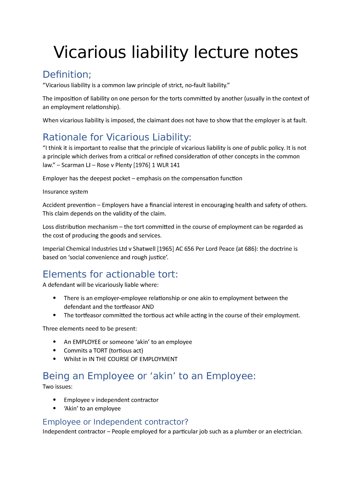 Vicarious liability lecture notes - Vicarious liability lecture notes ...