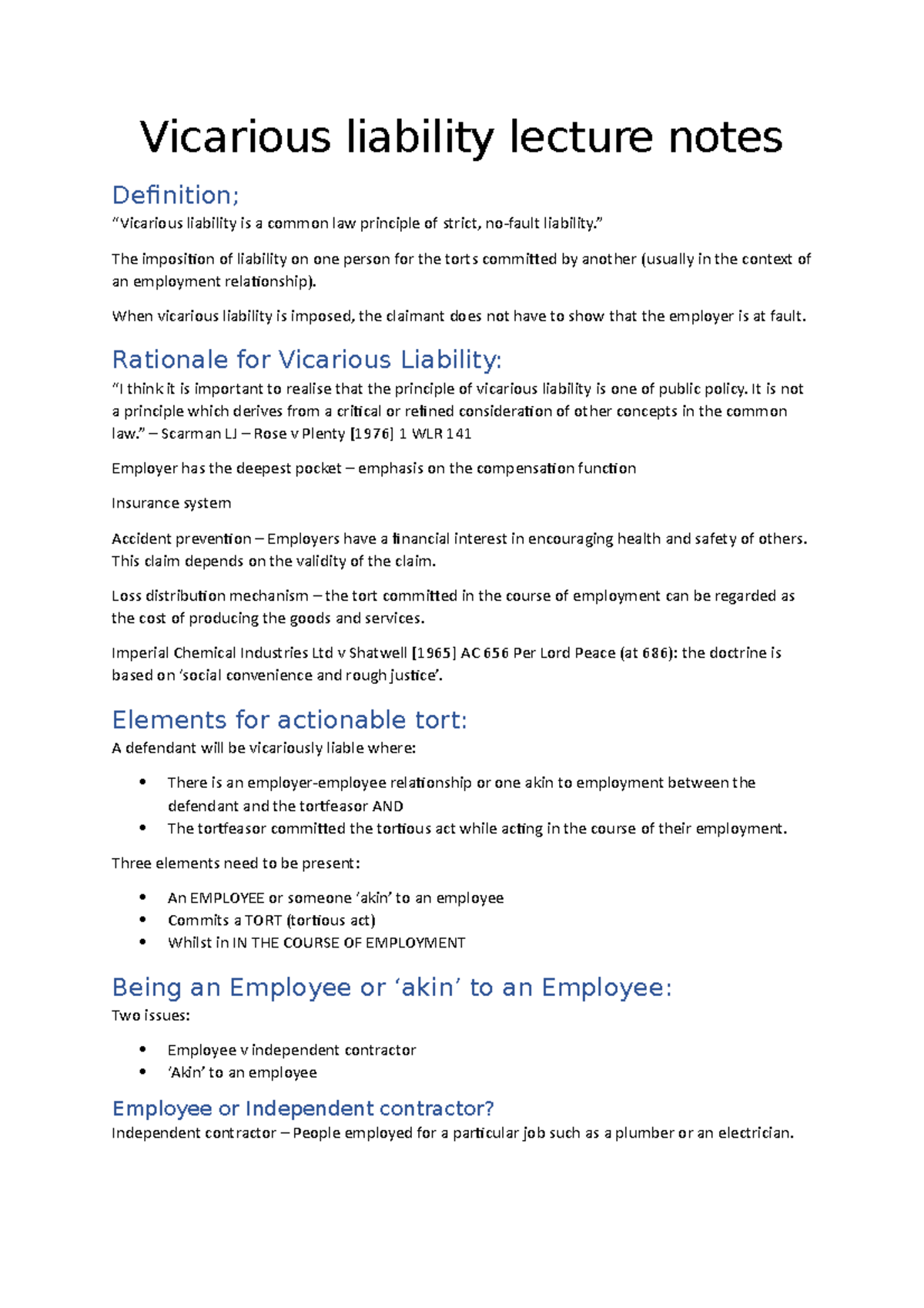 Vicarious Liability Lecture Notes - Vicarious Liability Lecture Notes ...