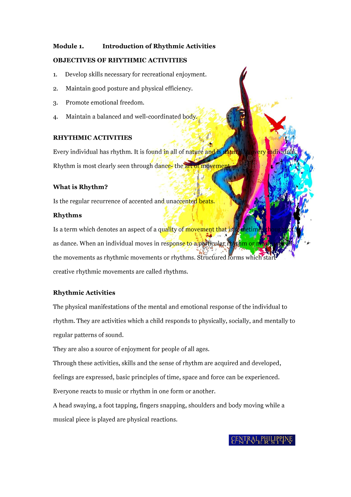 Module 1 Rhythmic Activities - Module 1. Introduction Of Rhythmic ...