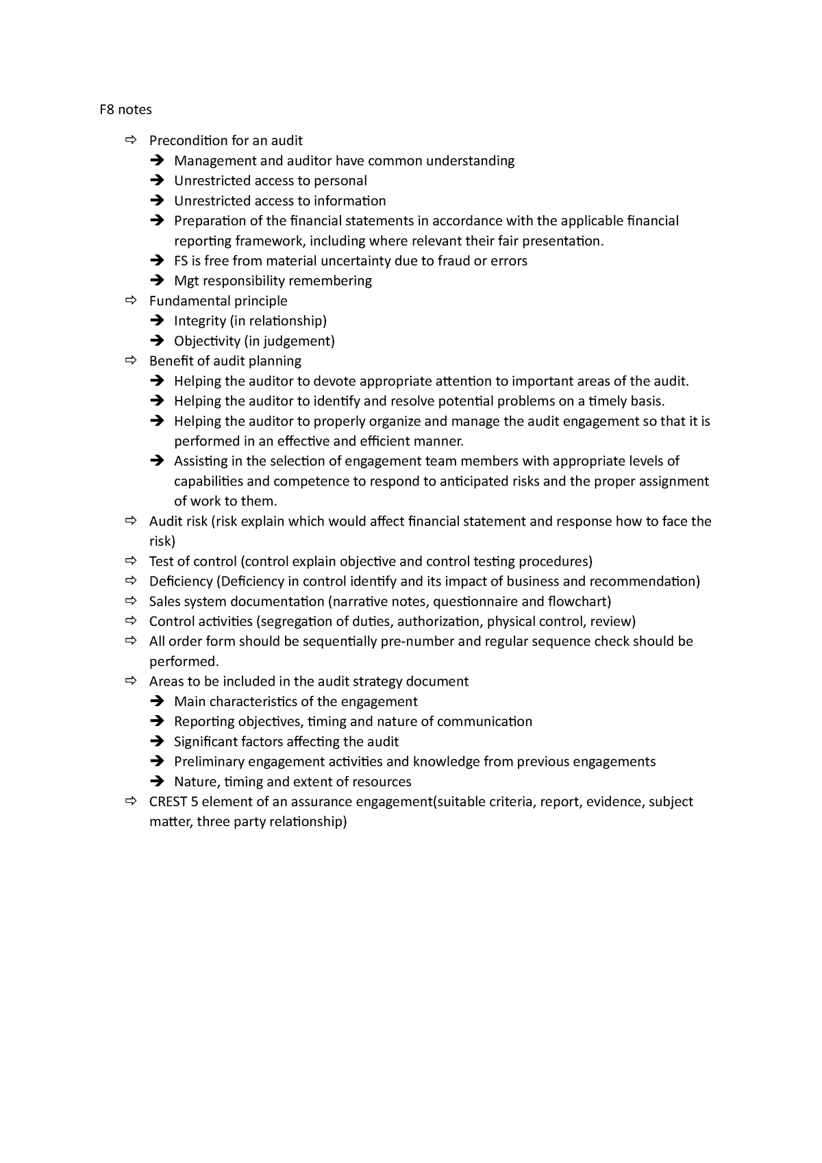 F8 notes - F8 notes Precondition for an audit Management and auditor ...