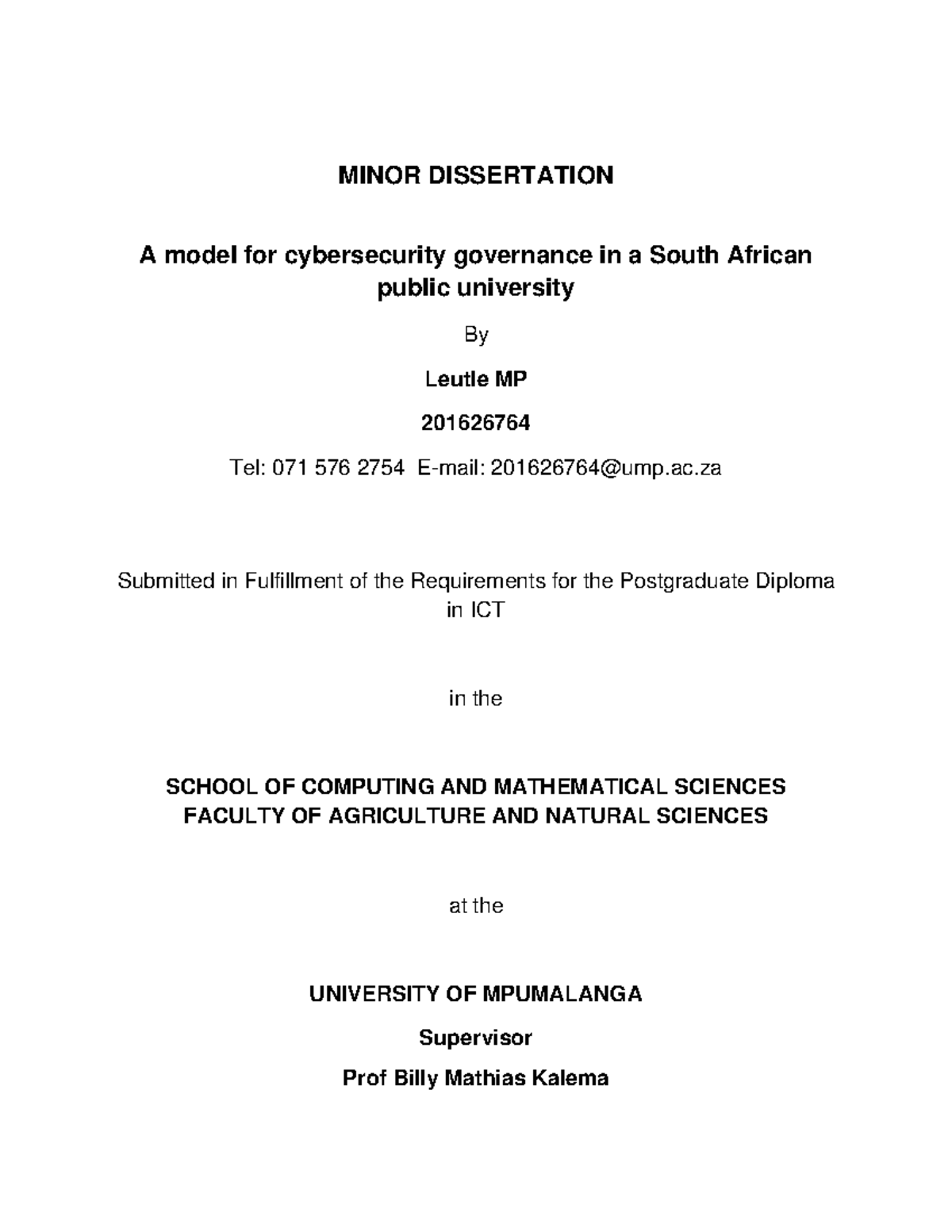 Robo-M5-Ktunotes - MINOR DISSERTATION A model for cybersecurity ...