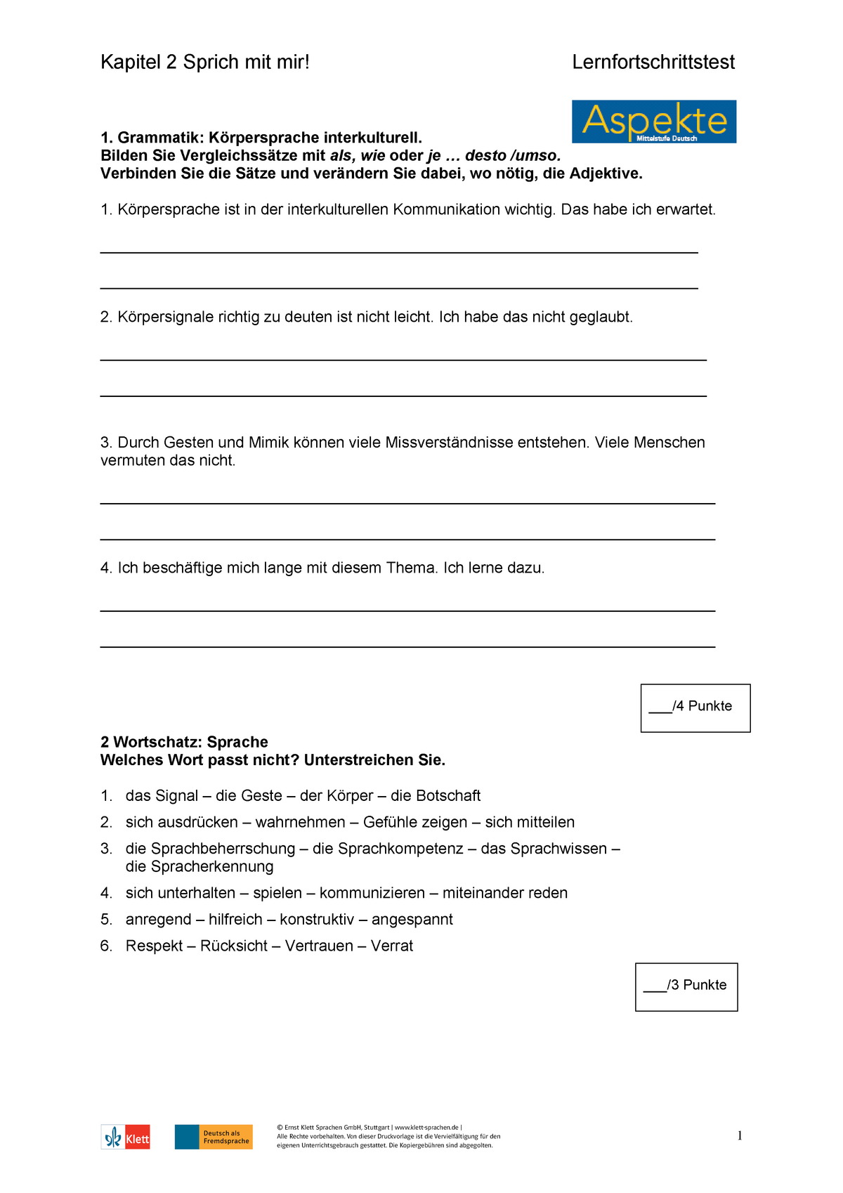 Aspekte 2 K2 Test - Kapitel 2 Sprich Mit Mir! Lernfortschrittstest 1 ...