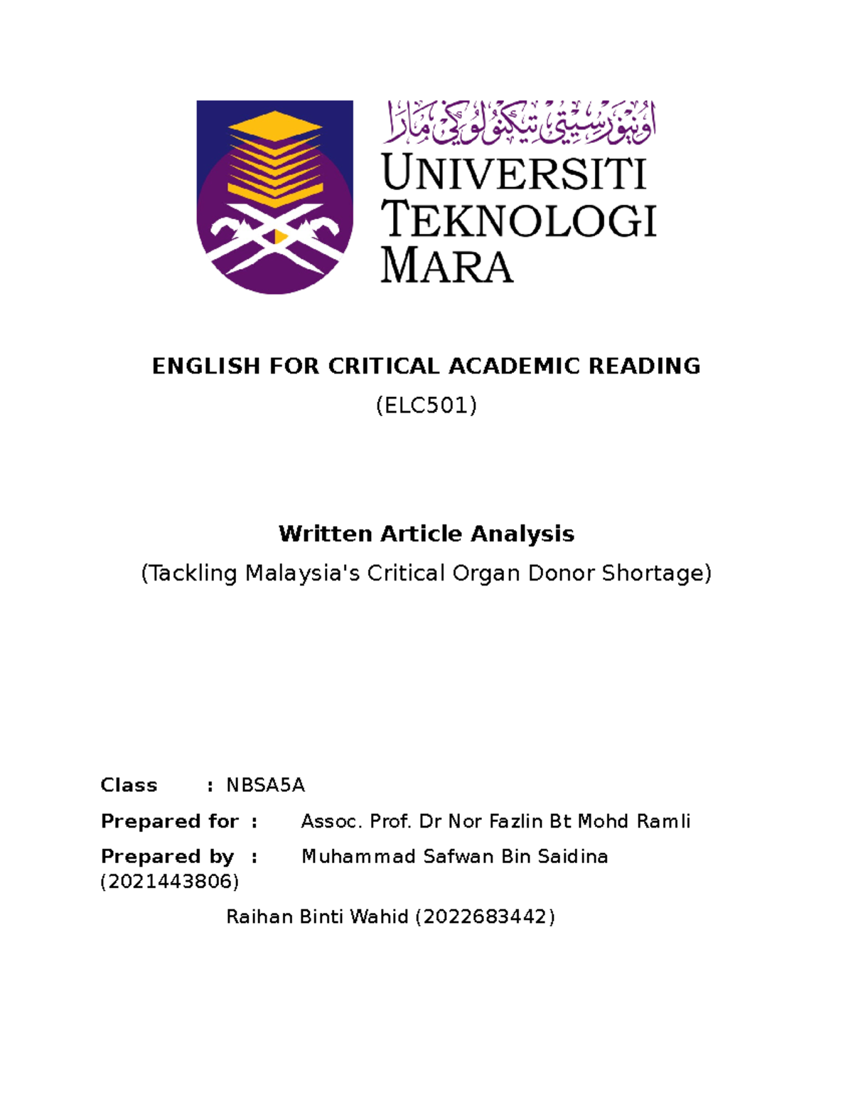 Written Articles Analysis - ENGLISH FOR CRITICAL ACADEMIC READING ...