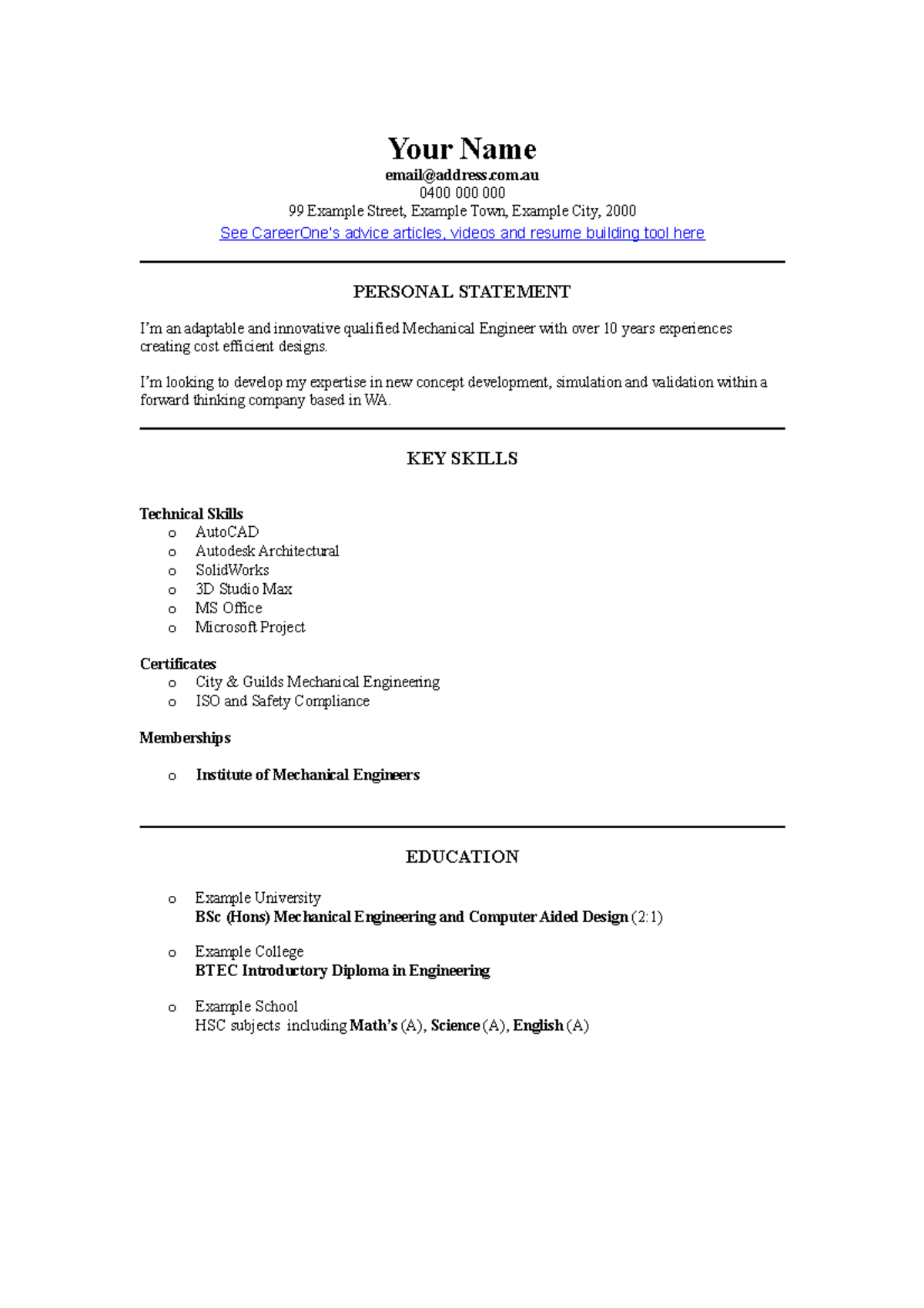 Cv template Mechanical Engineer - Your Name email@address.com 0400 000 ...