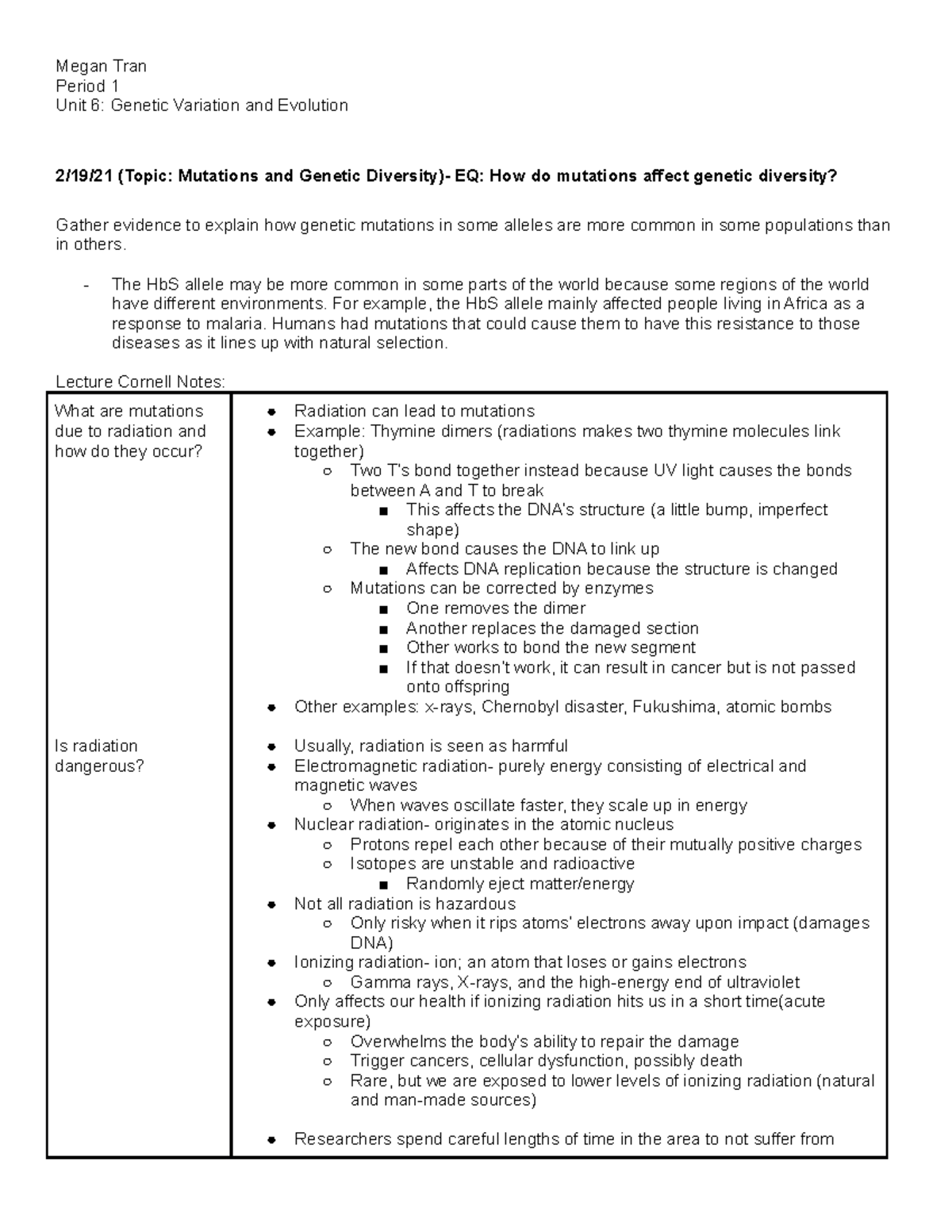 Biology Unit 6 Running Document Megan Tran Period 1 Unit 6