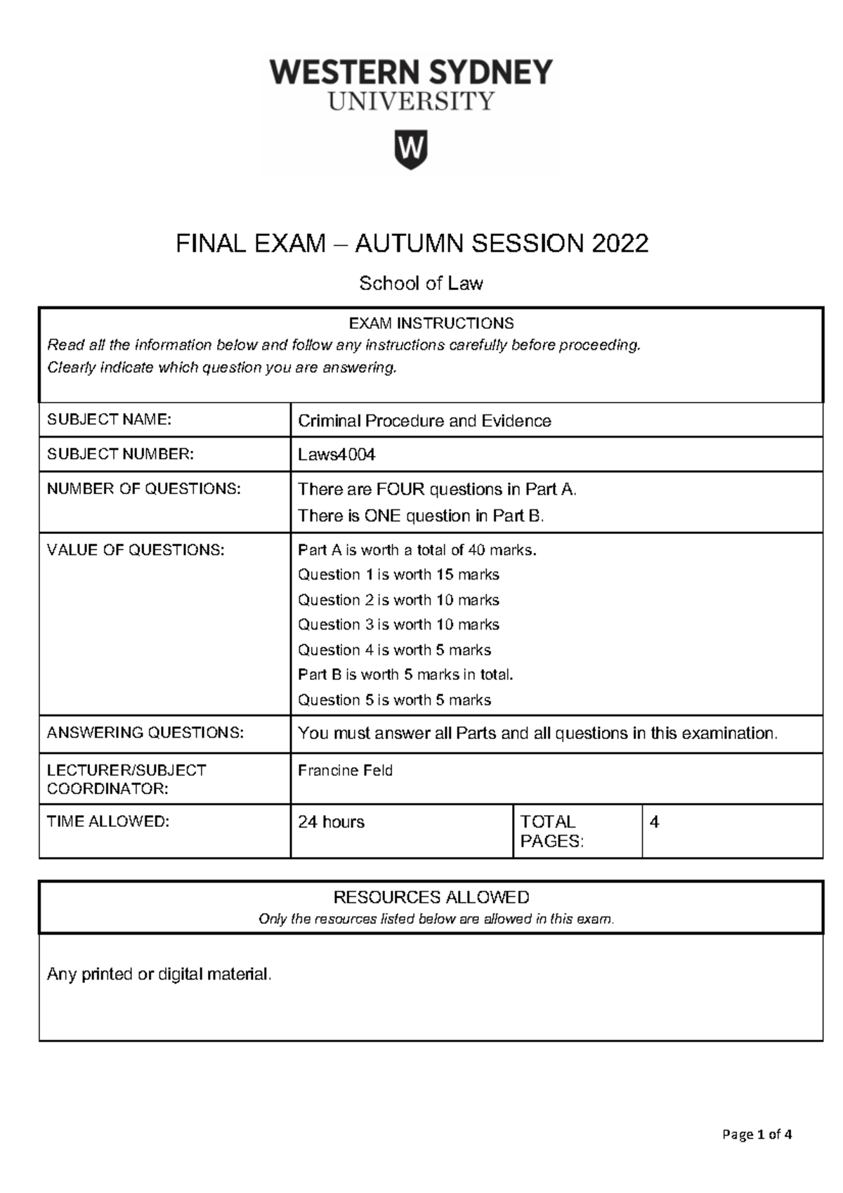 Laws4004 Final Exam Autumn 2022 FINAL EXAM AUTUMN SESSION 2022