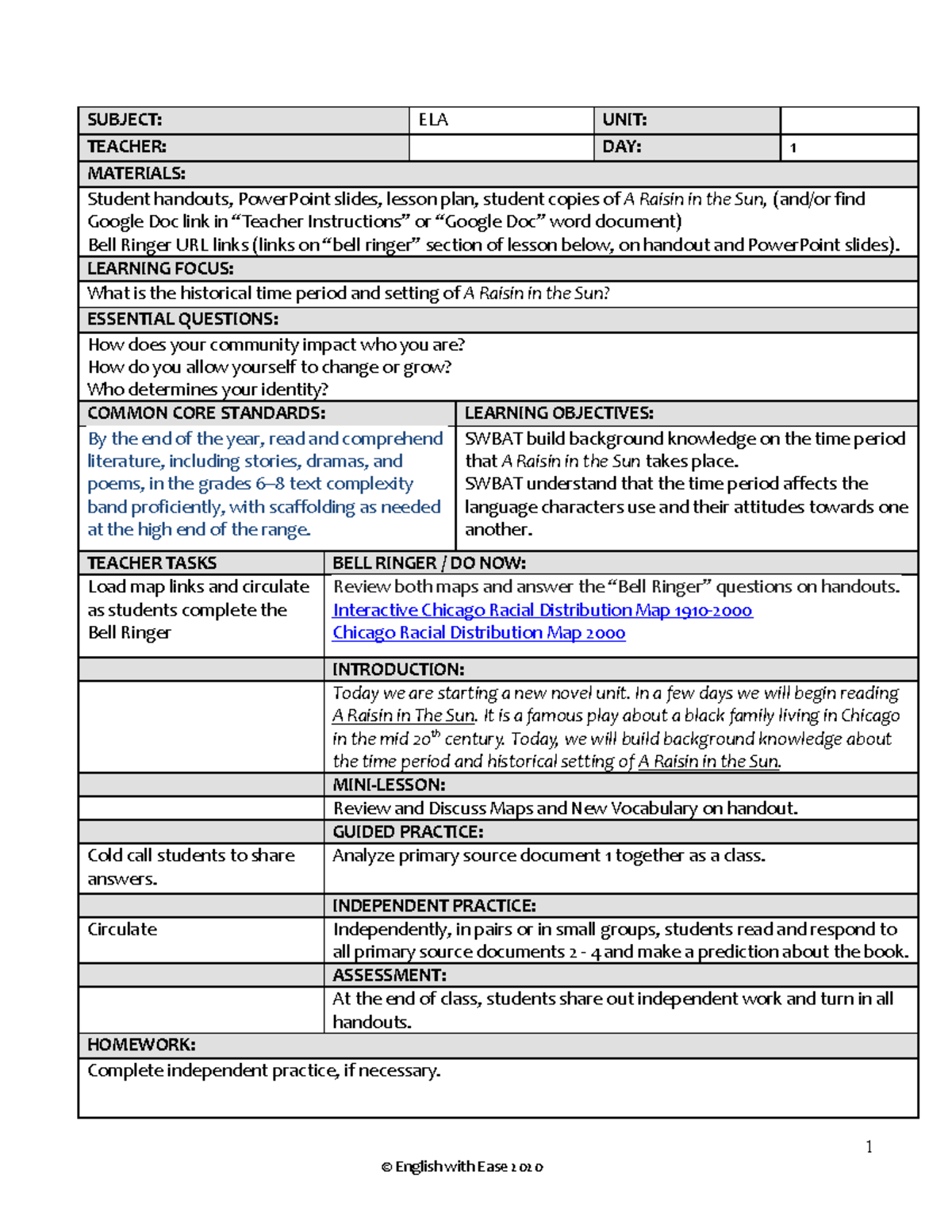Copy of A Raisin in the Sun 1 SUBJECT ELA UNIT TEACHER DAY 1 MATERIALS Student handouts