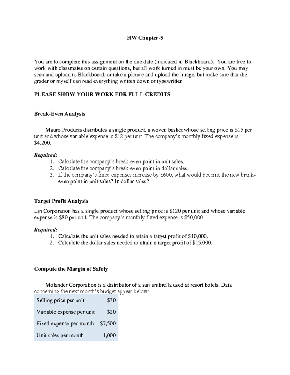 Chapter 5 Class work - HW Chapter- 5 You are to complete this ...