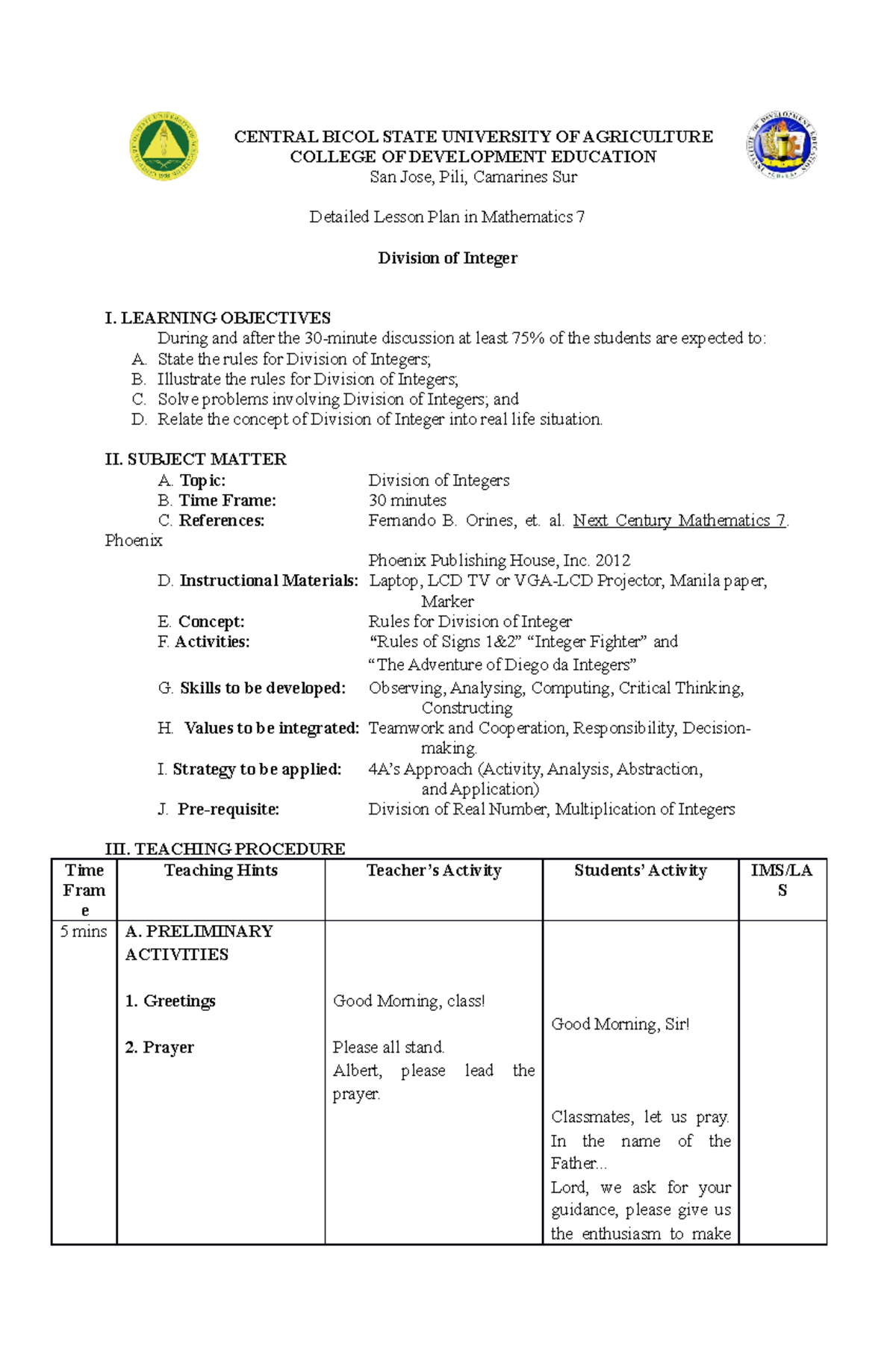 Lesson 4 4 Division On Integers Revised Central Bicol State
