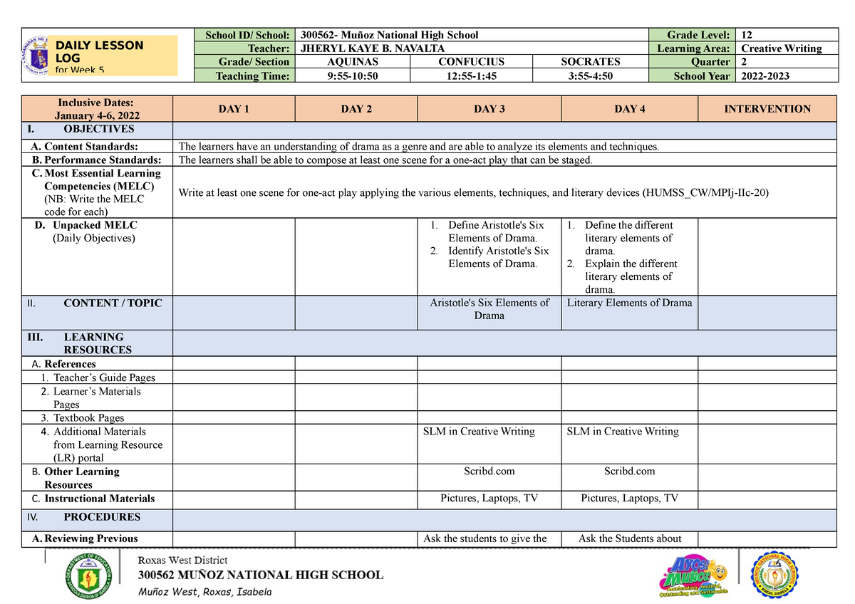 DLL (Jan 4) - DLL - School ID/ School: 300562- Muñoz National High ...