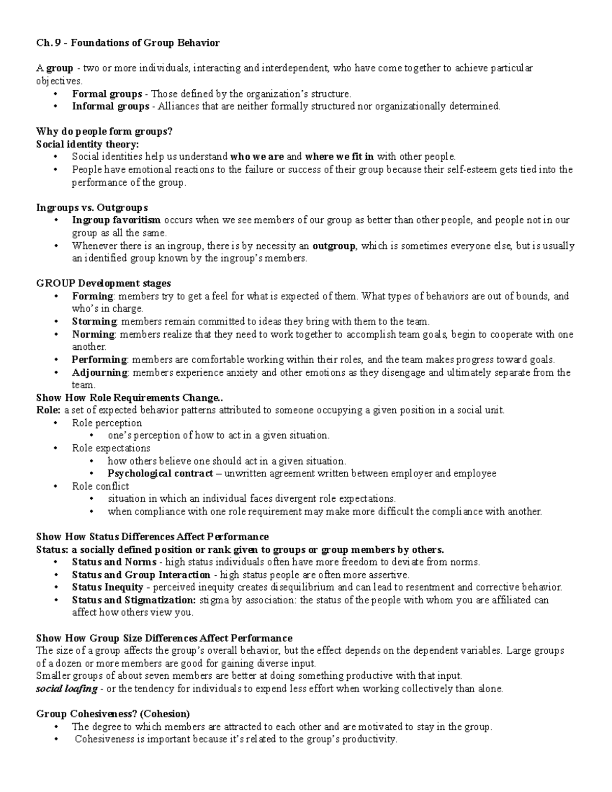 Ch. 9 - notes - Ch. 9 - Foundations of Group Behavior A group - two or ...