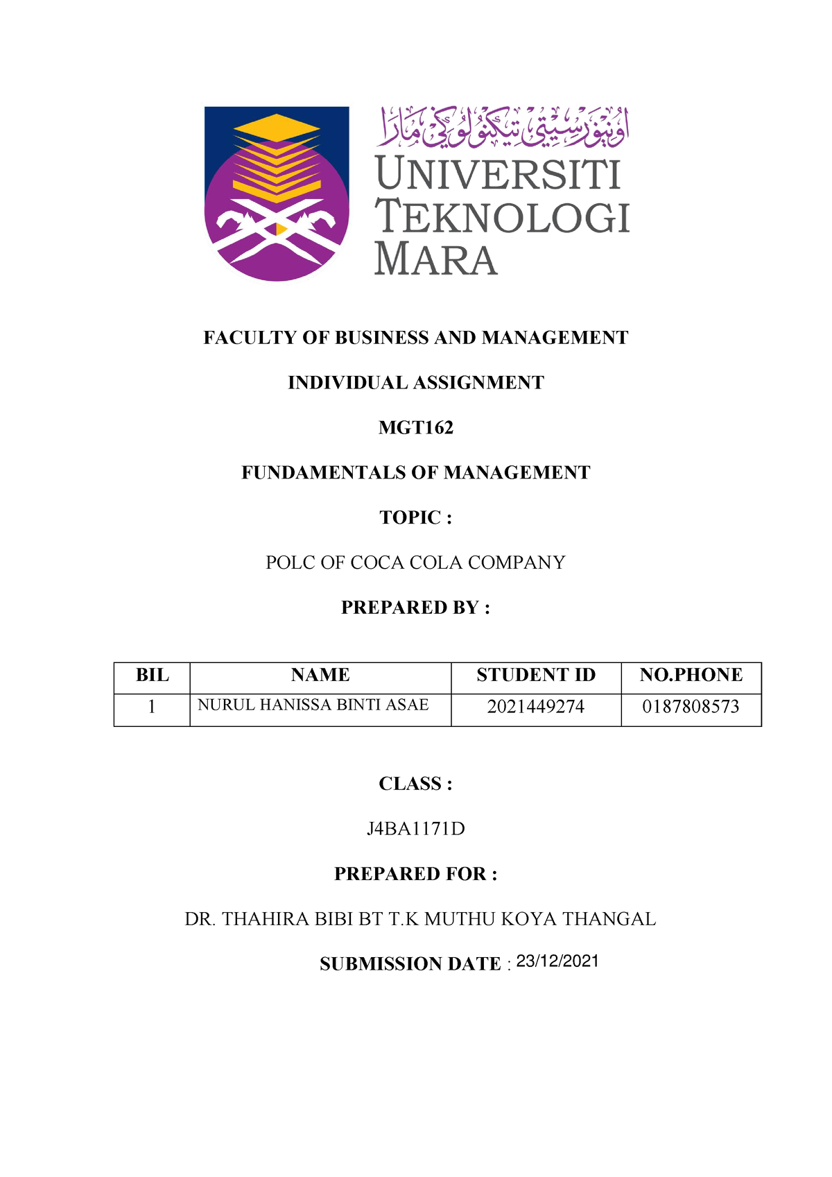 Assingment MGT162 Individual 2 - FACULTY OF BUSINESS AND MANAGEMENT ...