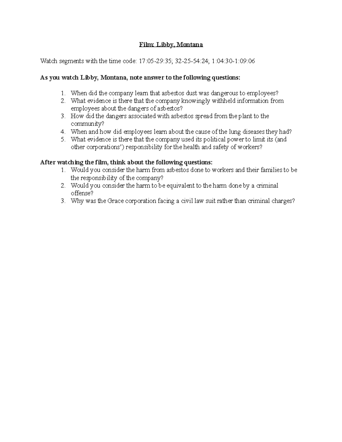 Libby, Montana [ Questions ] Film Libby, Montana Watch segments with