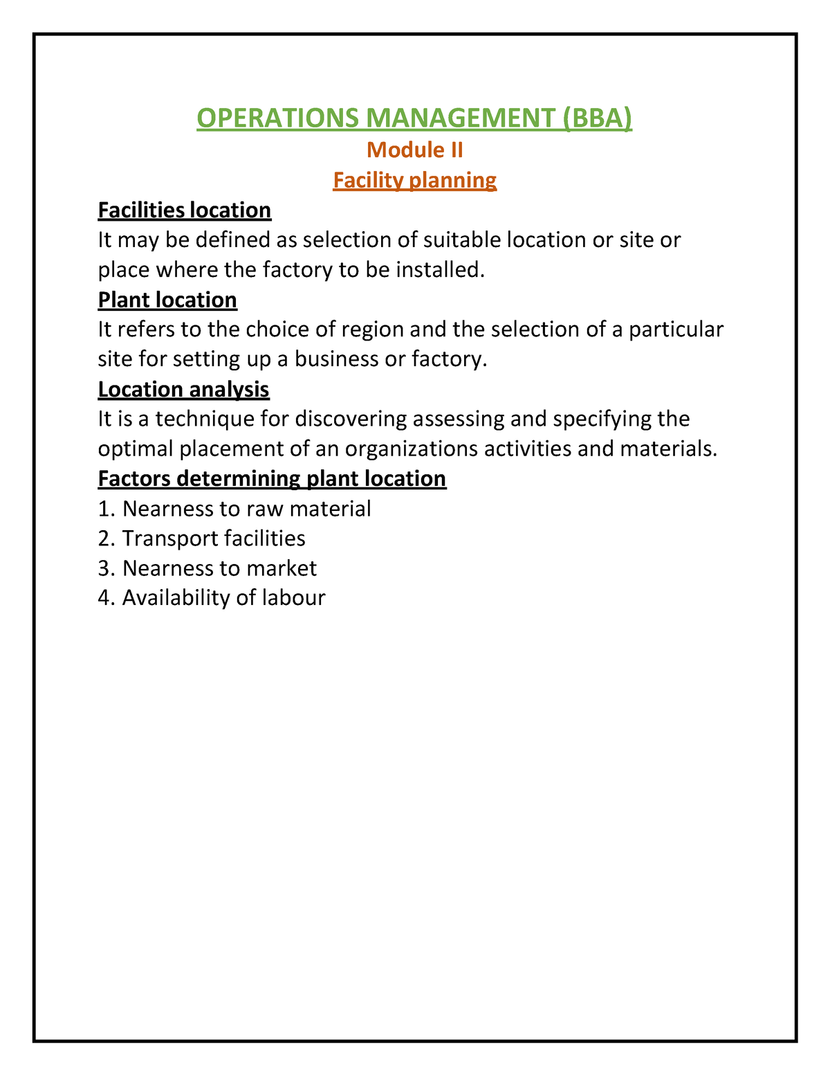 Facility Planning -module II - OPERATIONS MANAGEMENT (BBA) Facilities ...