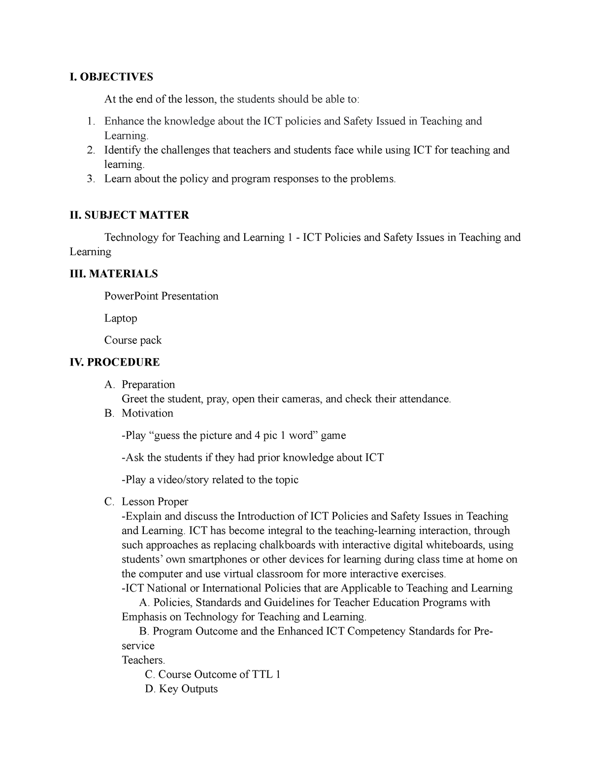 Semi-Detailed Lesson Plan ICT Policies and Safety Issues in Teaching ...