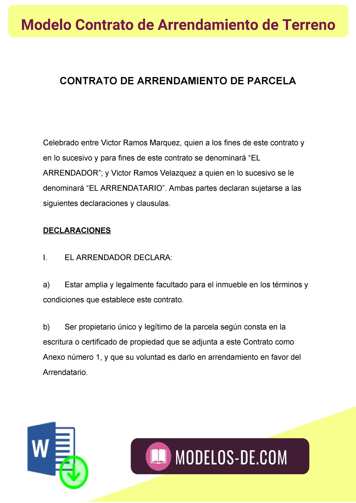 Modelo Contrato de Arrendamiento de Terreno - CONTRATO DE ARRENDAMIENTO ...